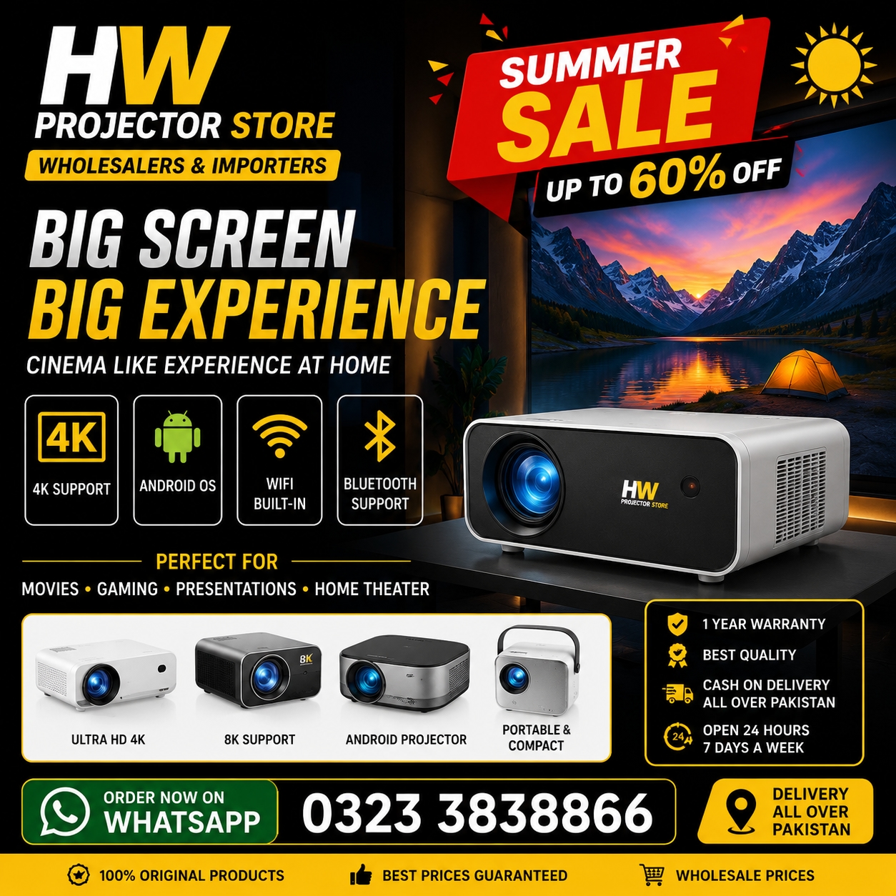 HW PROJECTOR STORE(WHOLESALERS IMPORTERS) 4K ANDROID SMART PROJECTOR Facebook ad: This Summer bigest Sale 60% off
