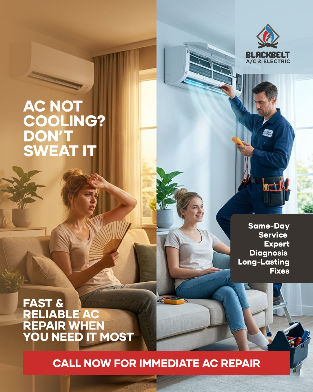 Blackbelt AC Heating and Electric Facebook ad: Call today and get your work done!