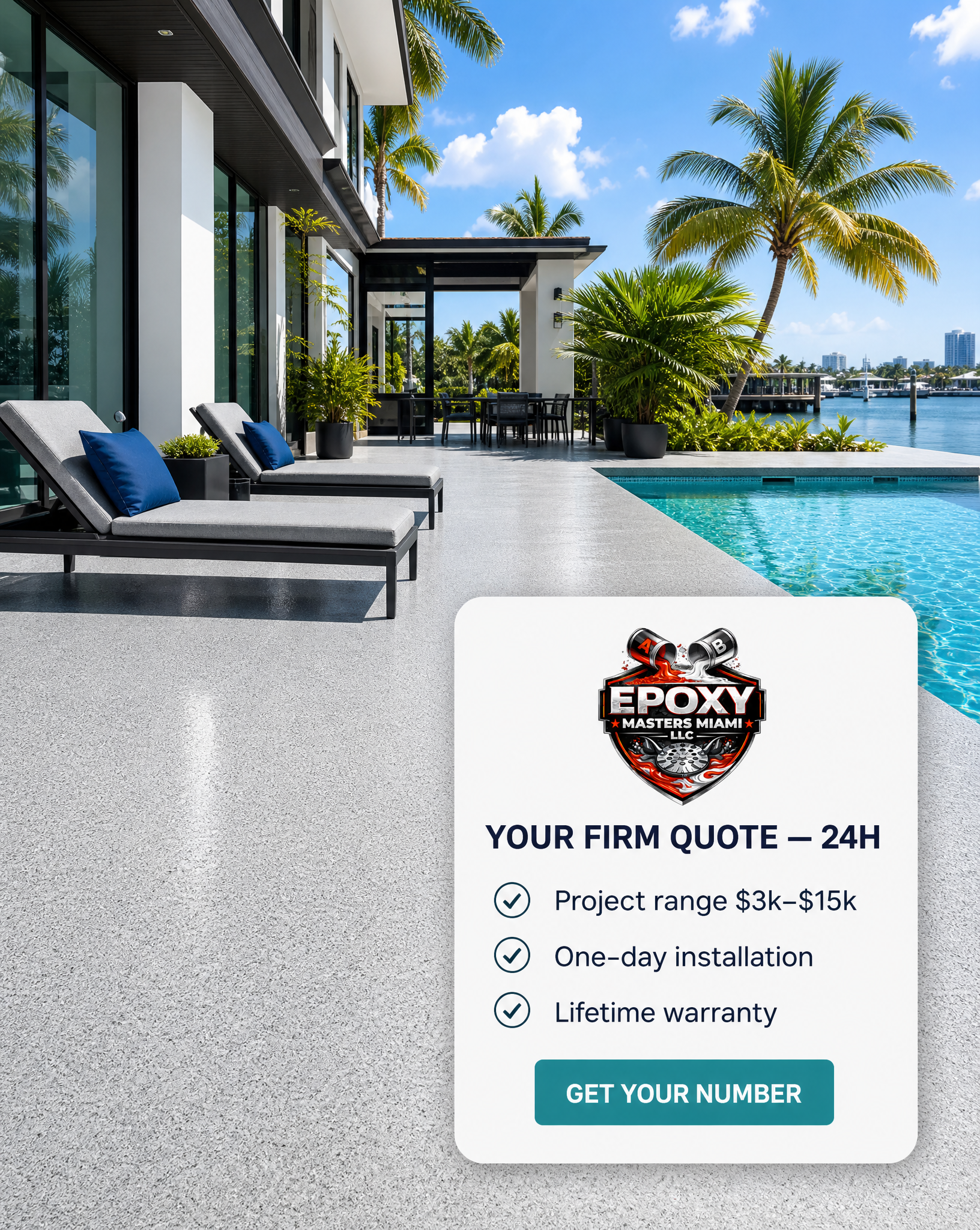 Epoxy masters miami Facebook ad: Firm epoxy quote, $3k-$15k range
