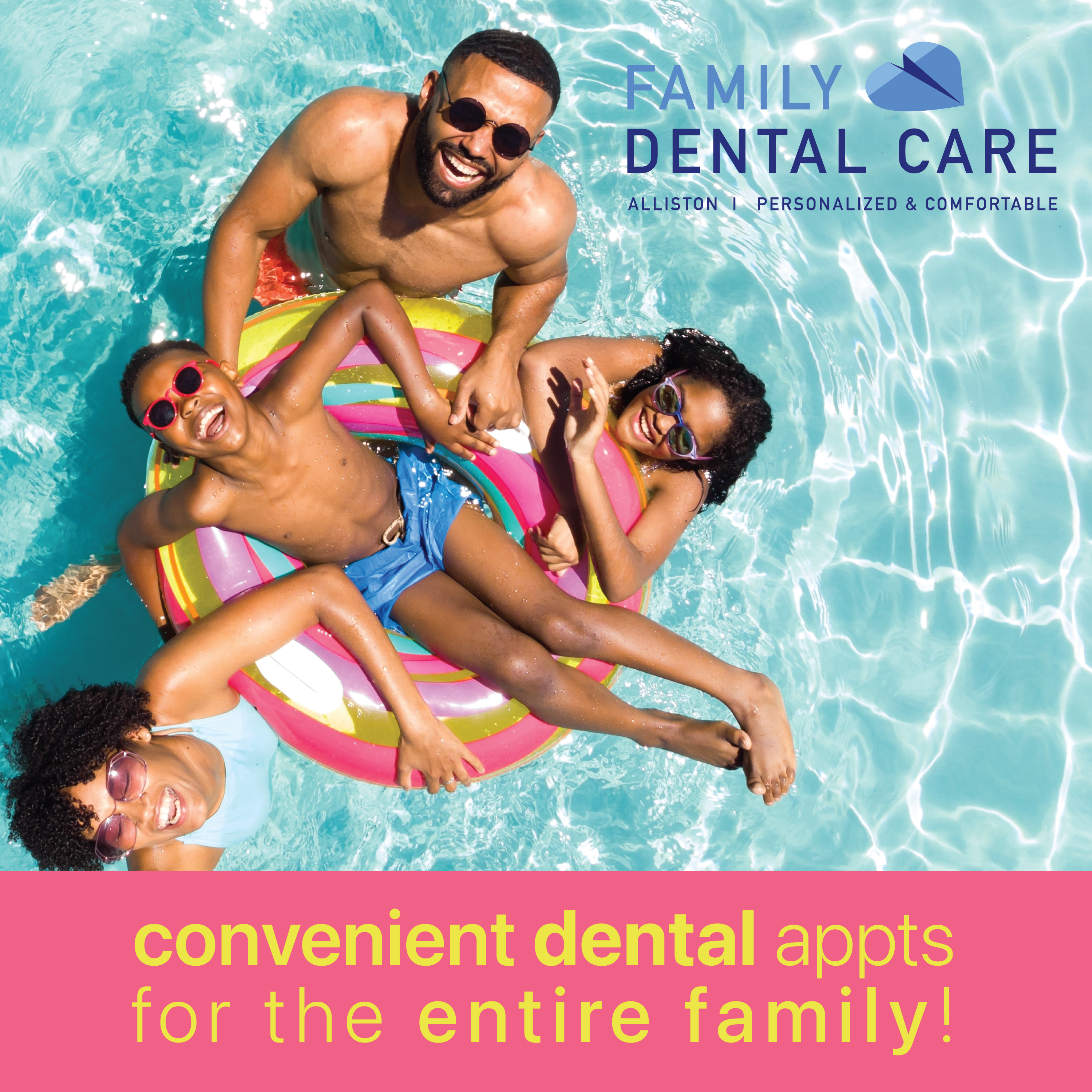 Family Dental Care Alliston Facebook ad: OPEN 8am - 8pm, and on Saturdays!
