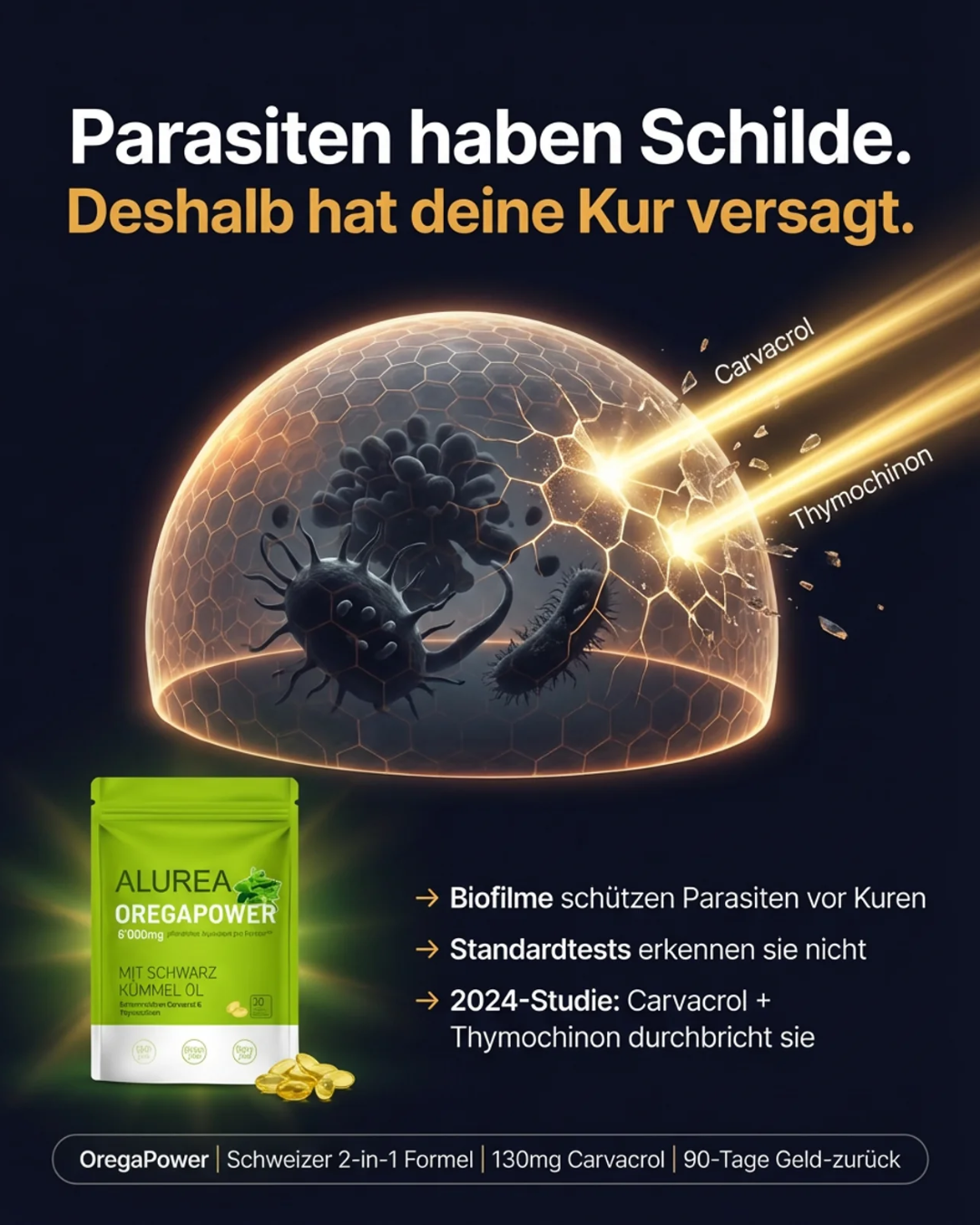 Alurea Facebook ad: Parasiten haben Schilde. Deshalb hat deine Kur versagt.