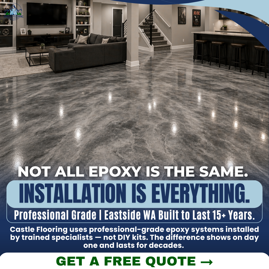 Castles Flooring Facebook ad: Professional Epoxy Garage Floors for Eastside WA Homes…