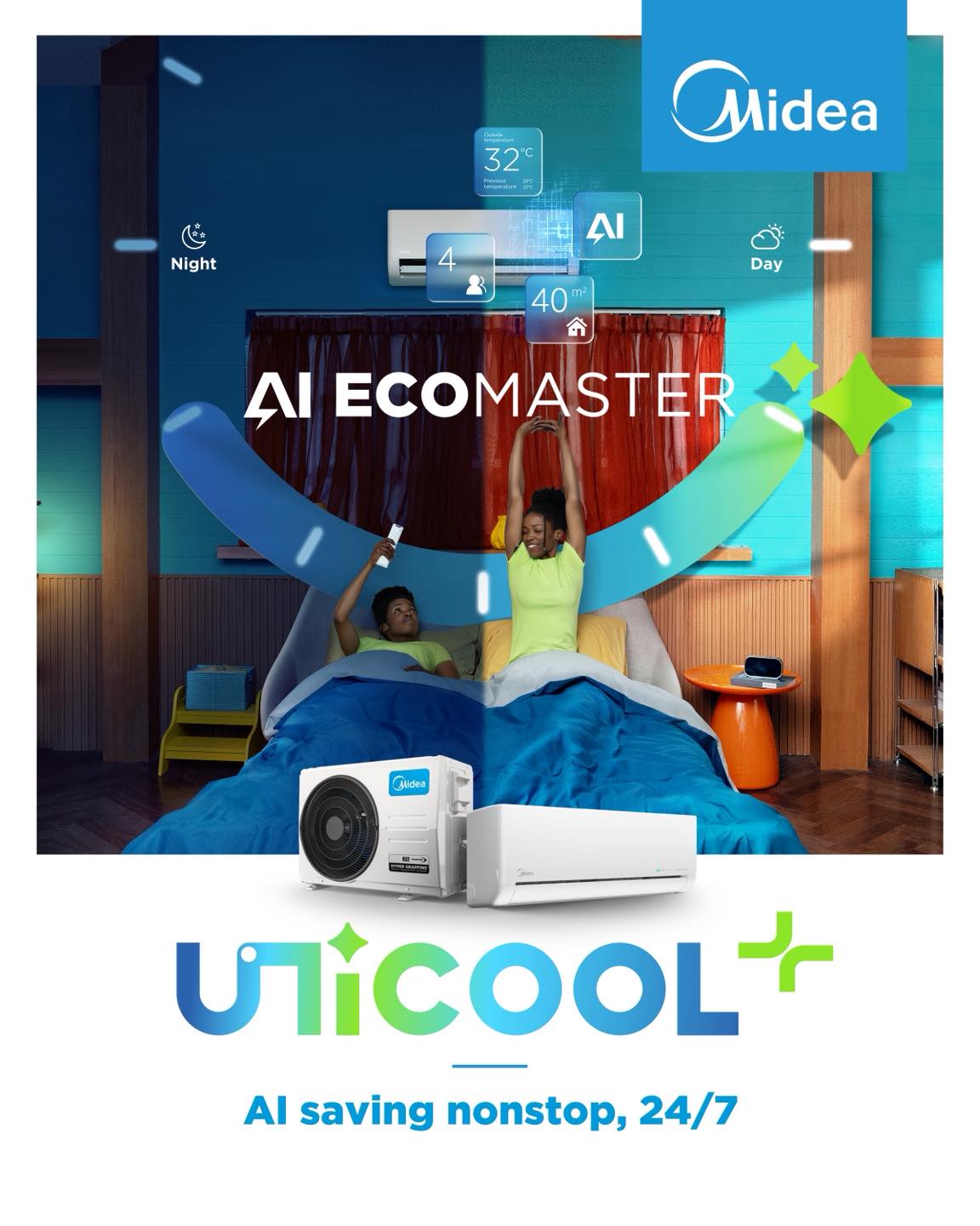 Midea Africa Facebook ad: UNICOOL, 2.0HP 1 drive 2 inverter AC