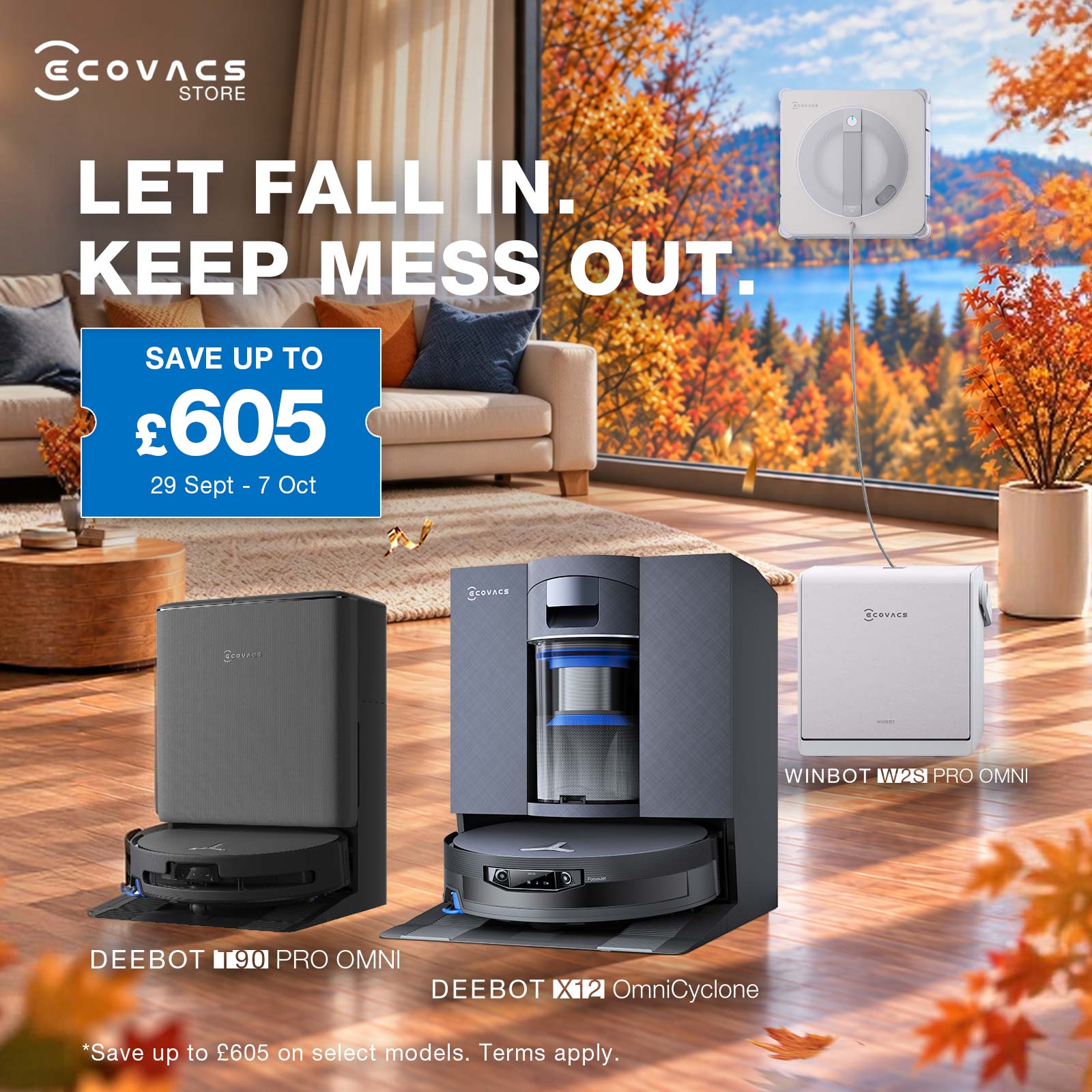 ECOVACS ROBOTICS Facebook ad: LET FALL IN. KEEP MESS OUT.