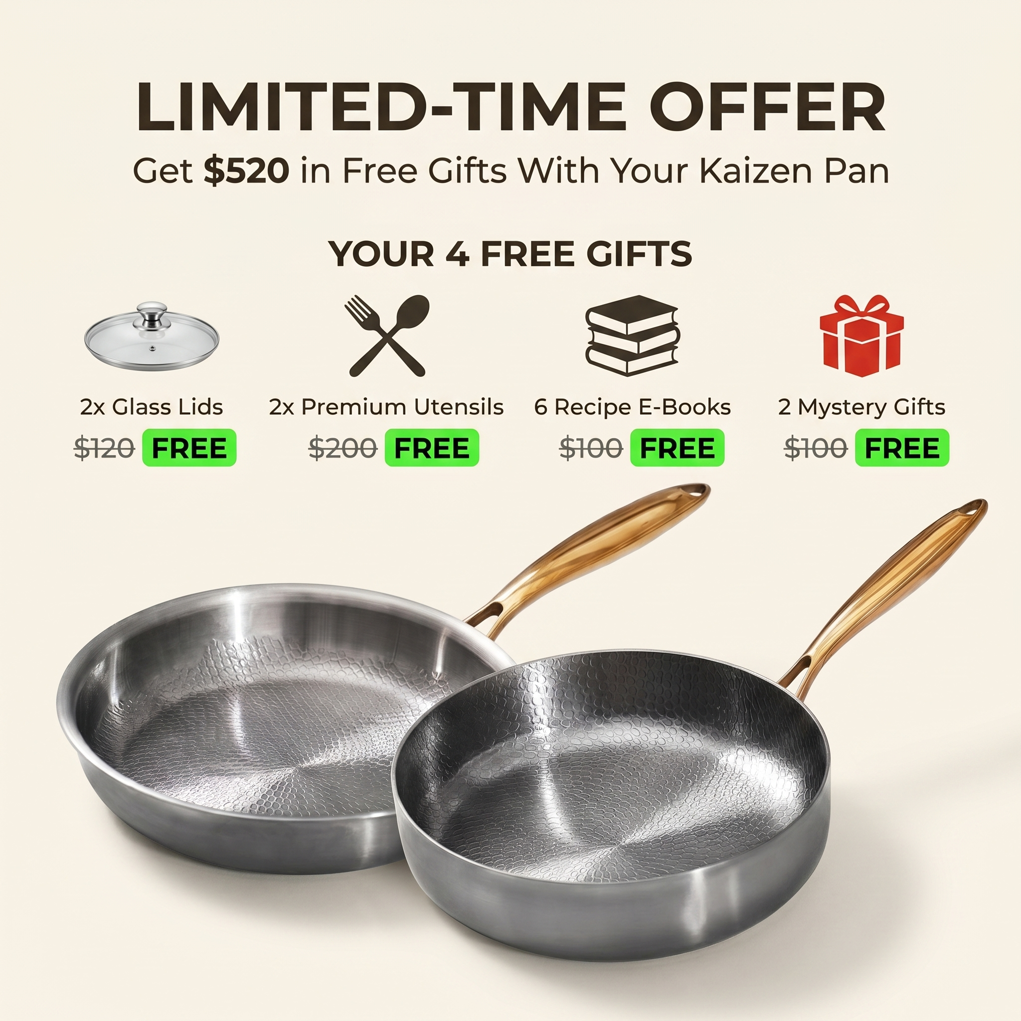 Kaizen Cookware Facebook ad: Get $520 in Free Gifts With Your Kaizen Pan