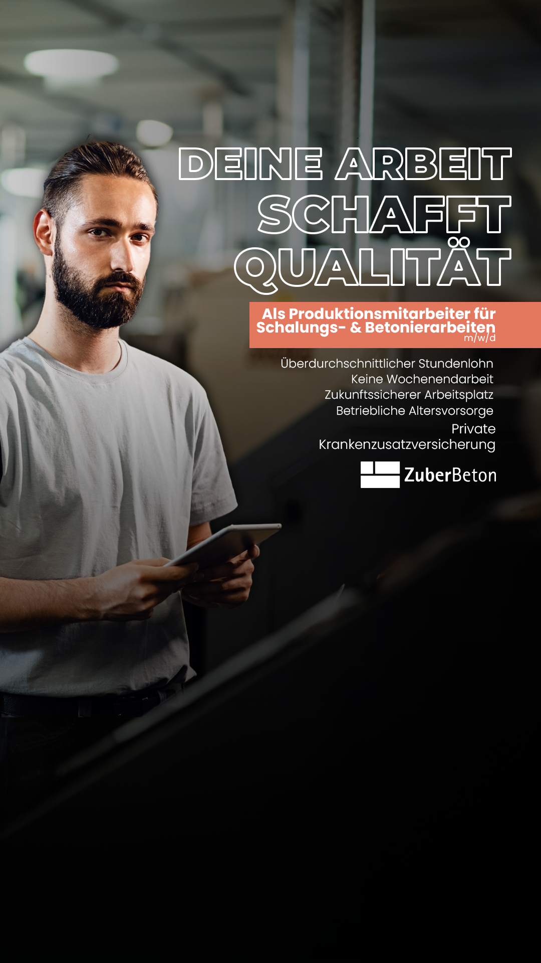 Zuber Beton GmbH Facebook ad: Bewirb Dich in unter 1 Minute!