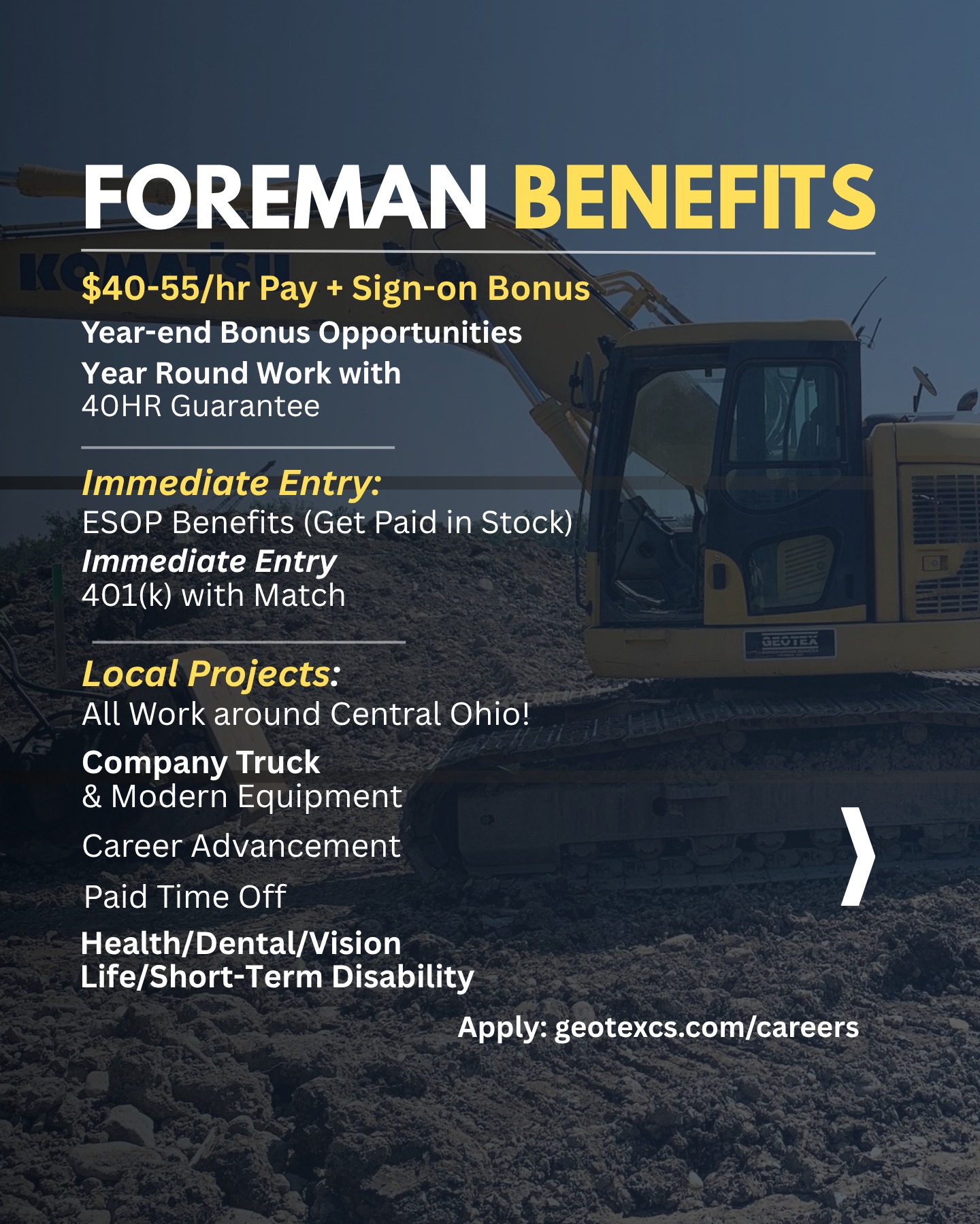 Geotex Construction Services, Inc. Facebook ad: NOW HIRING: FOREMEN & EXCAVATION CREWS
