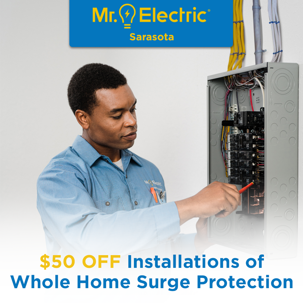 Mr. Electric of Sarasota Facebook ad: Protect Your Home & Save $50 on Surge Protection!