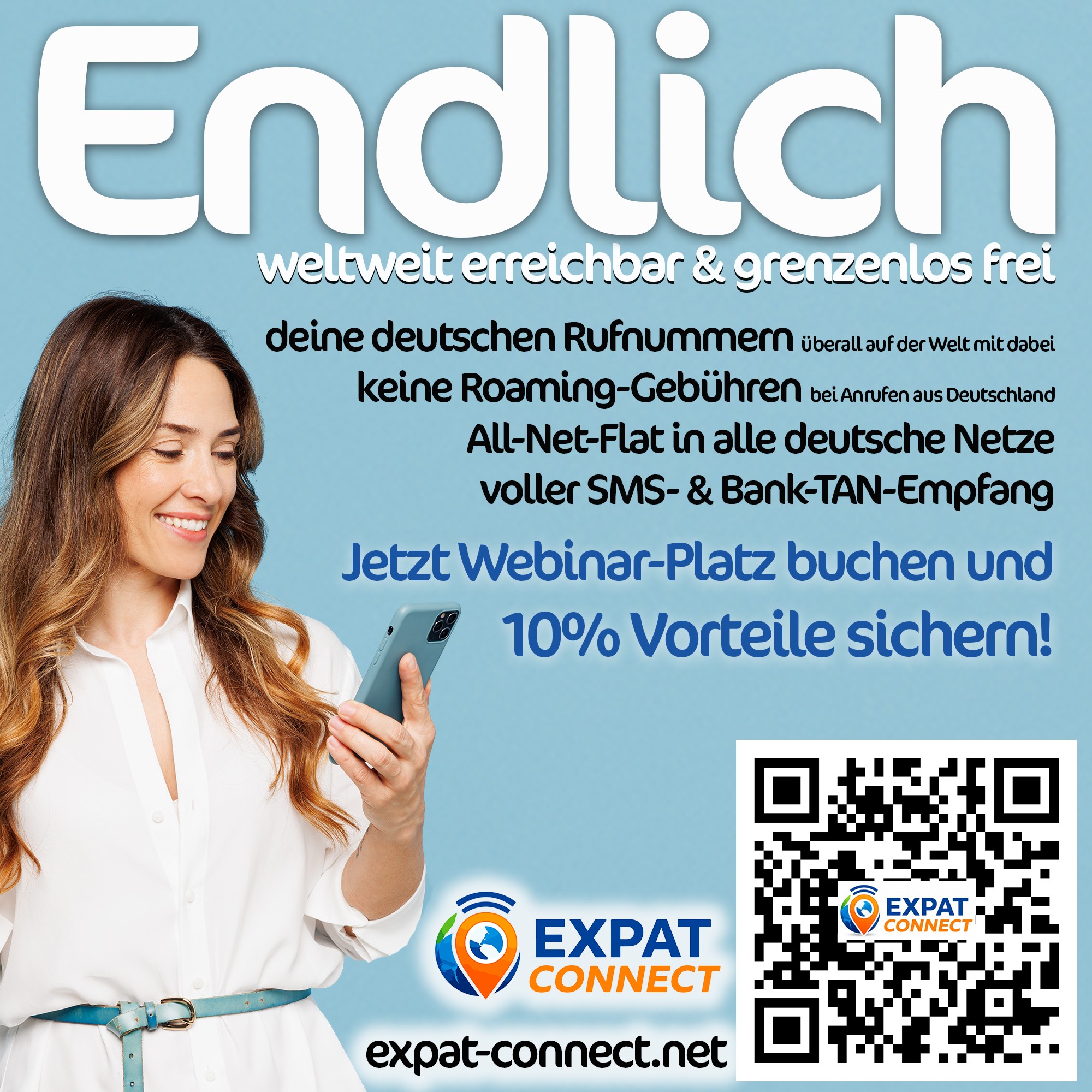 Expat Connect Facebook ad: JETZT WELTWEIT KOSTENLOS MIT DEINER NUMMER ERREICHBAR SEIN…