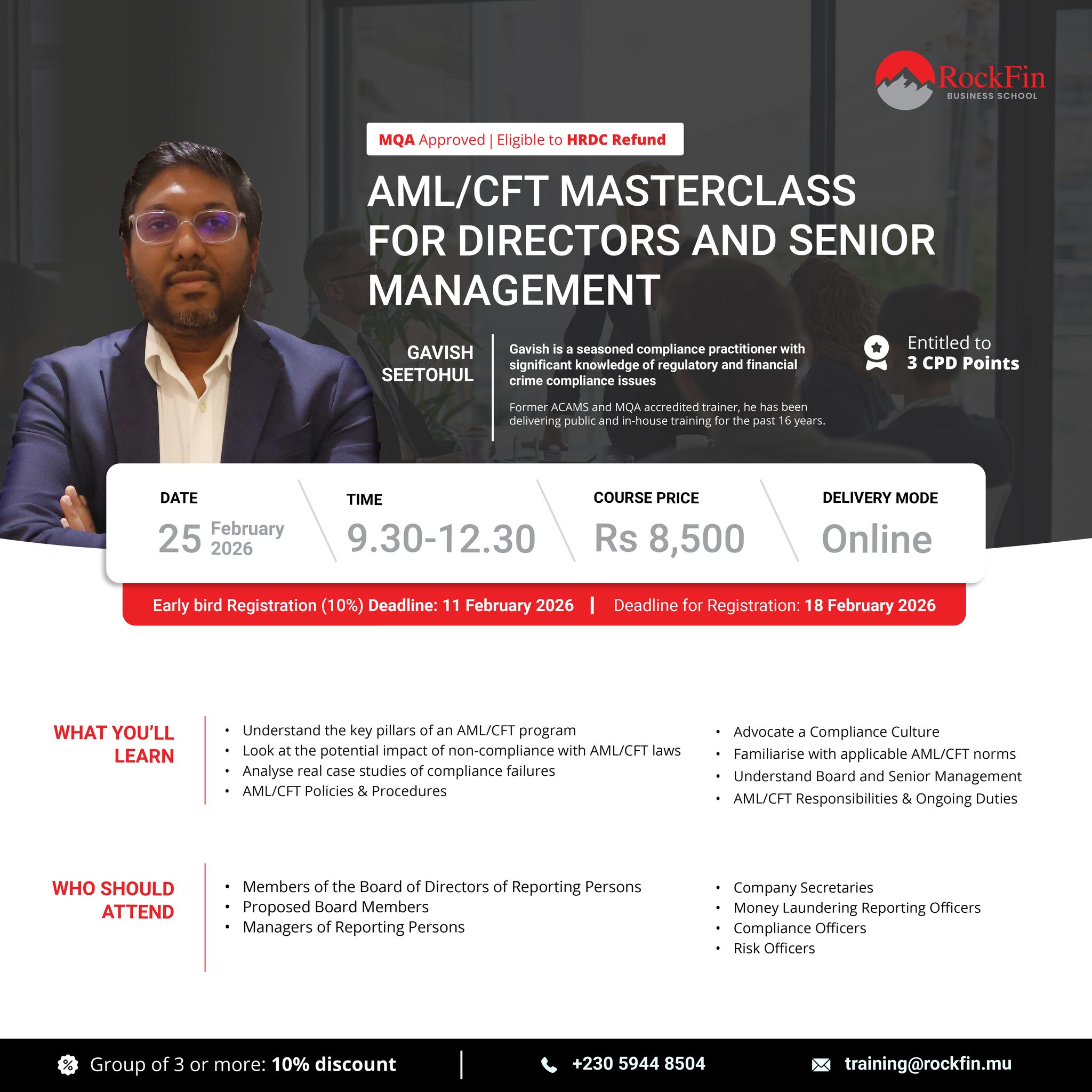 RockFin Business School Facebook ad: AML/CFT Masterclass for Directors and Senior Management