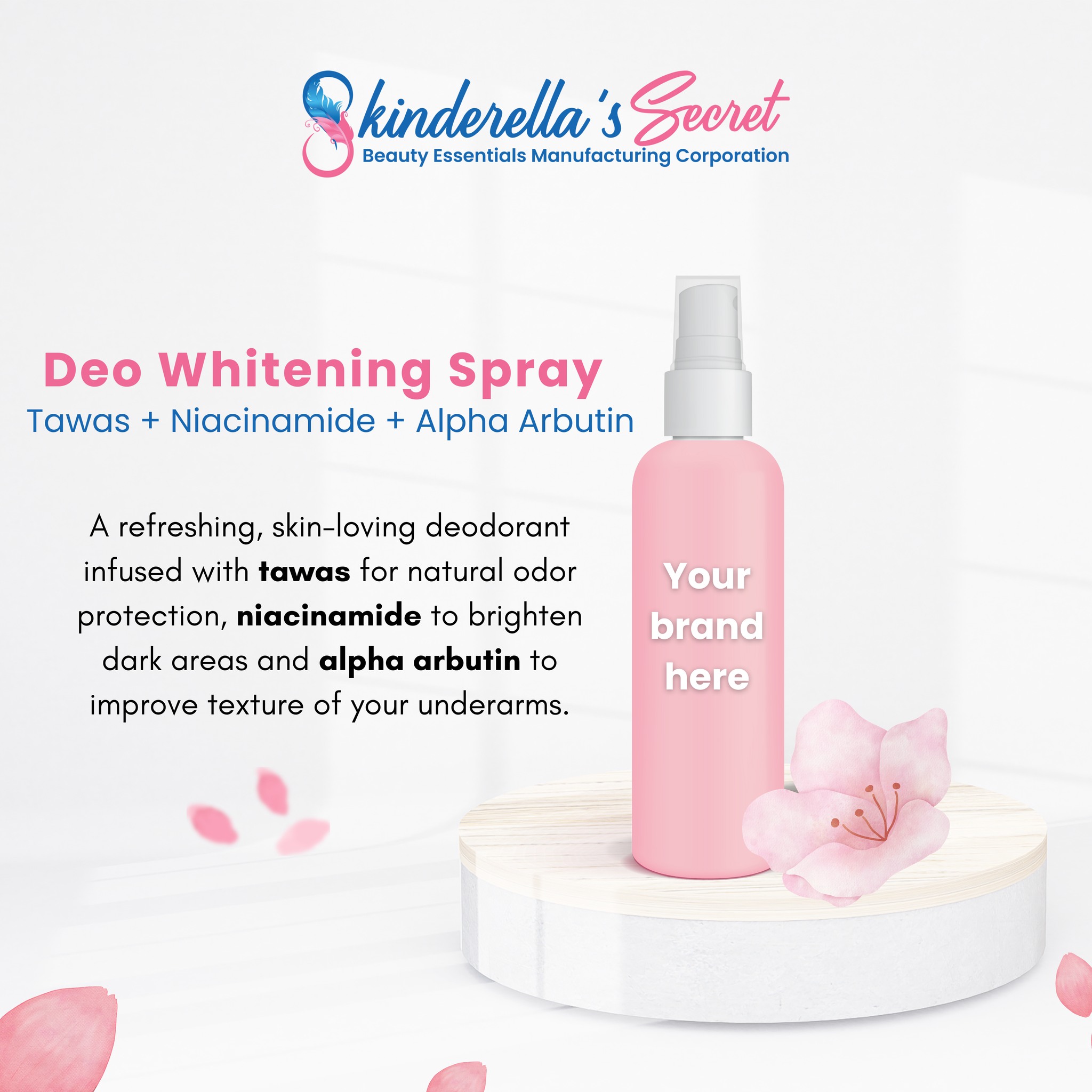 Skinderella's Secret Manufacturing Facebook ad: Introducing our newest product: the Deo Whitening Spray!