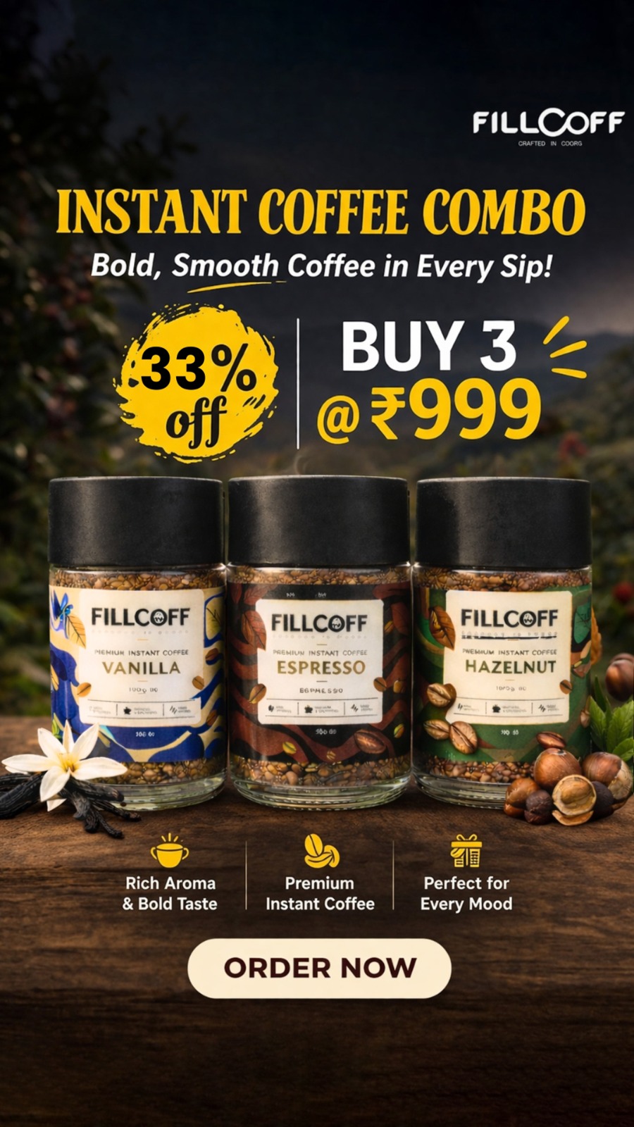 Fillcoff Facebook ad: 3 Flavors. Every Mood. 33% OFF!