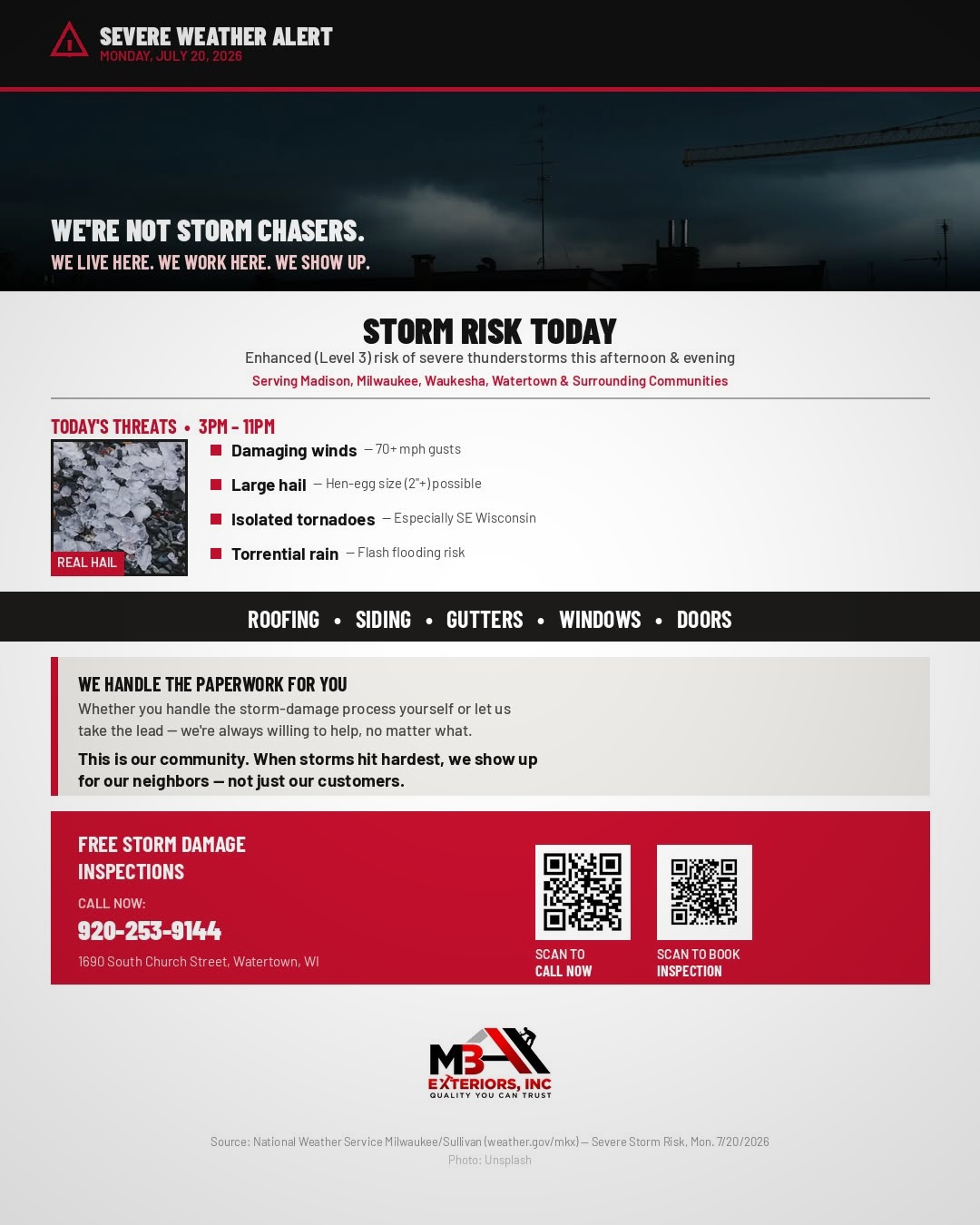 MBA Exteriors Inc Facebook ad: Free Storm Damage Inspection - Call 920-253-9144