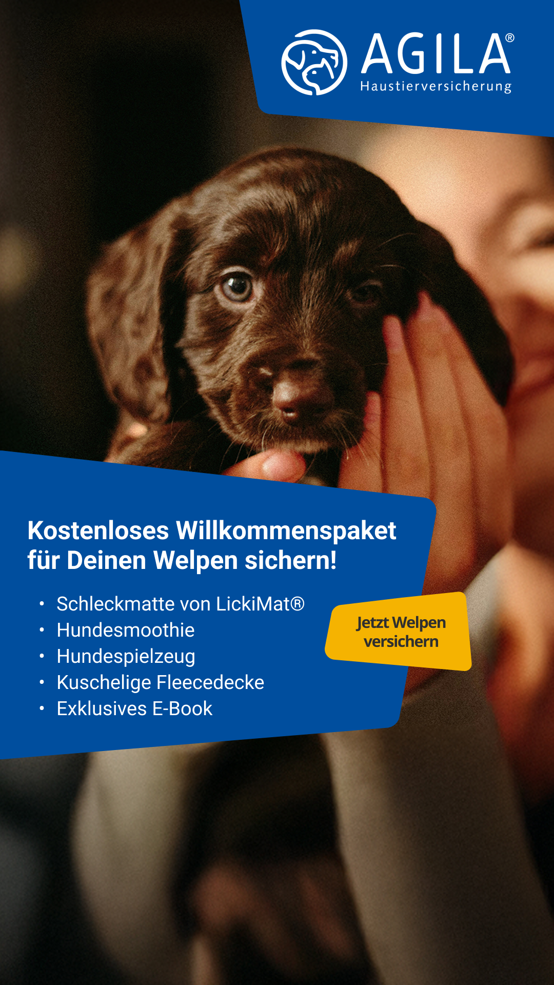 AGILA Haustierversicherung Facebook ad: Willkommenspaket für Deinen Welpen