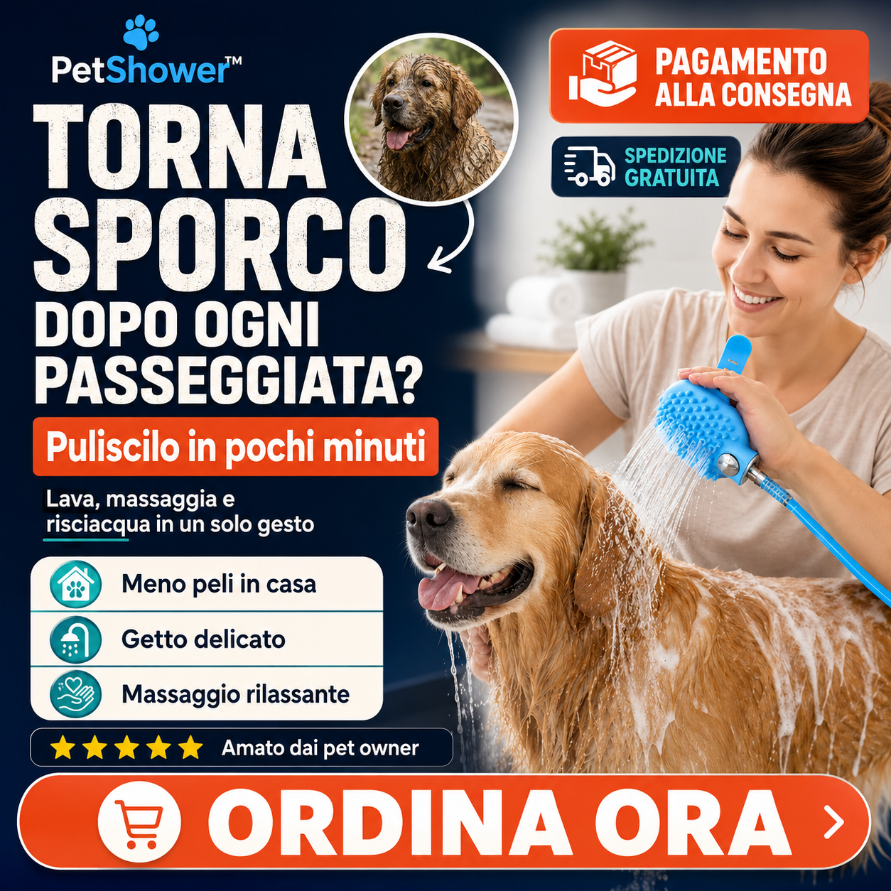 Prezzi Shock Italia Facebook ad: PetShower: il bagno del cane senza stress