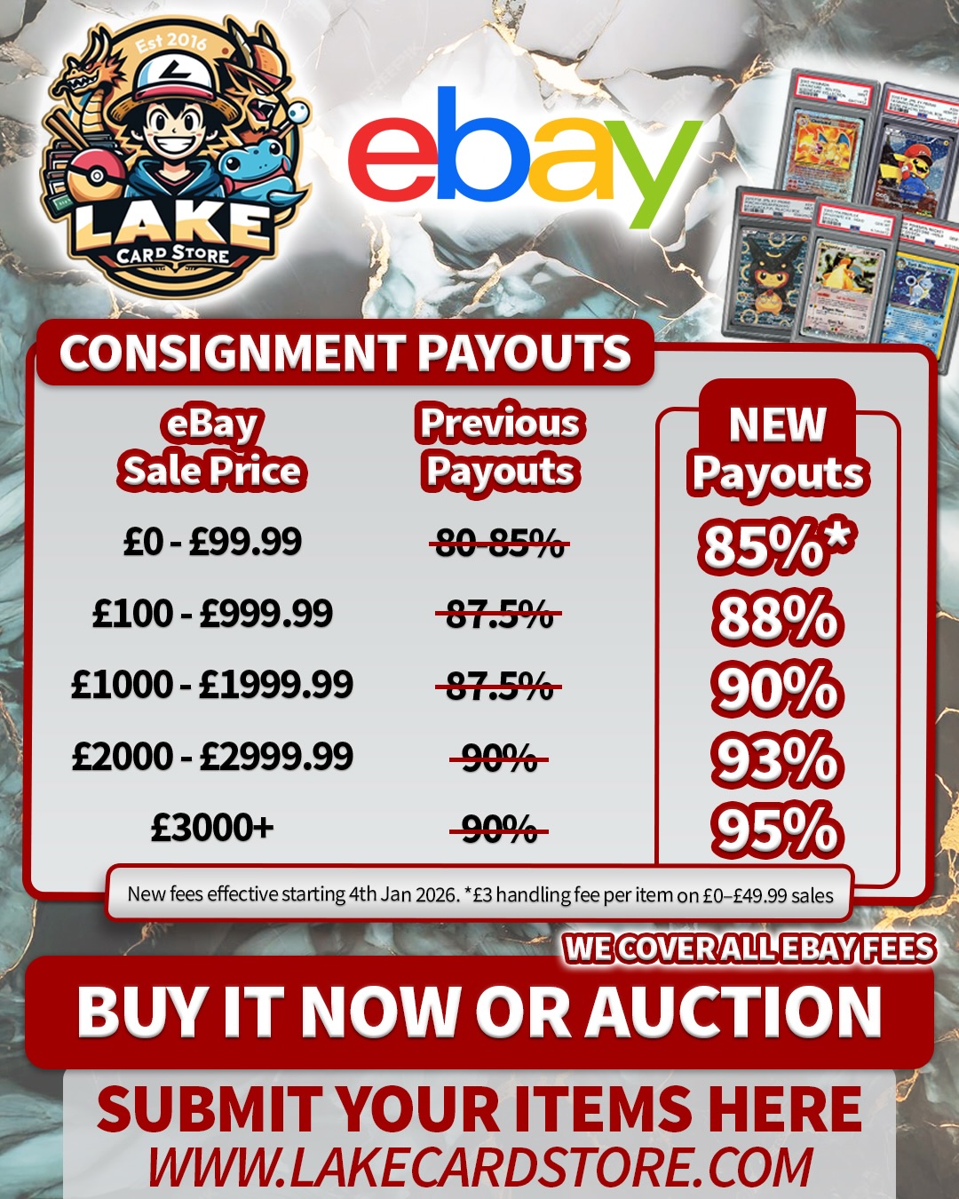 Lake Card Store Facebook ad: New Consignment Fees