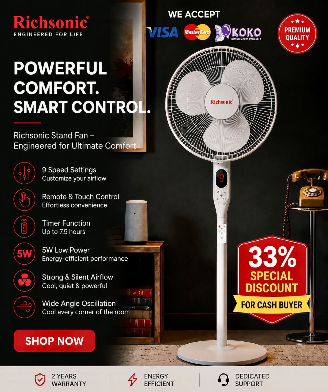 2R Electronics Pvt Ltd Facebook ad: RICHSONIC PREMIUM BLDC STAND FAN