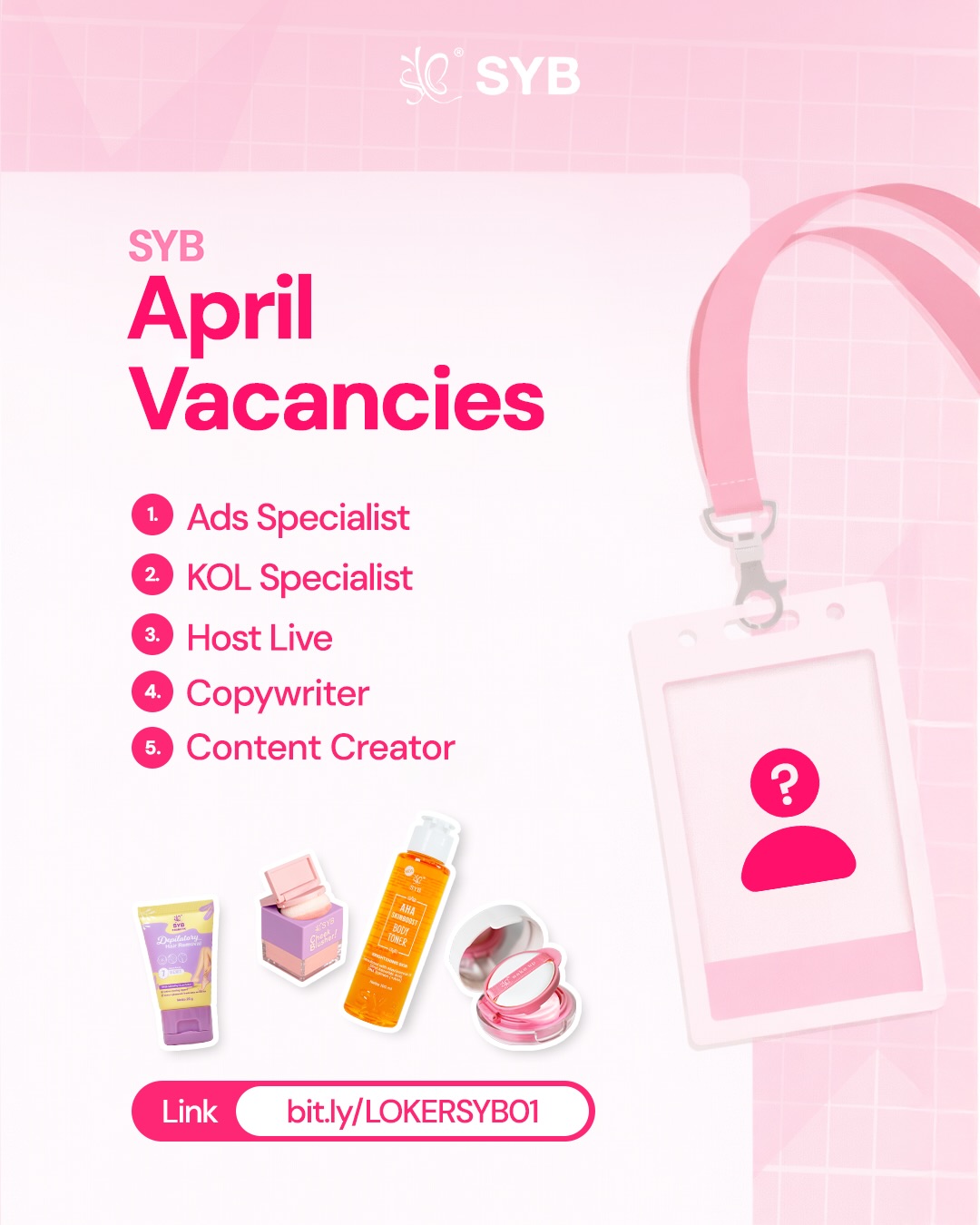 SYB Show Your Beauty Facebook ad: APRIL VACANCIES ARE OPEN!