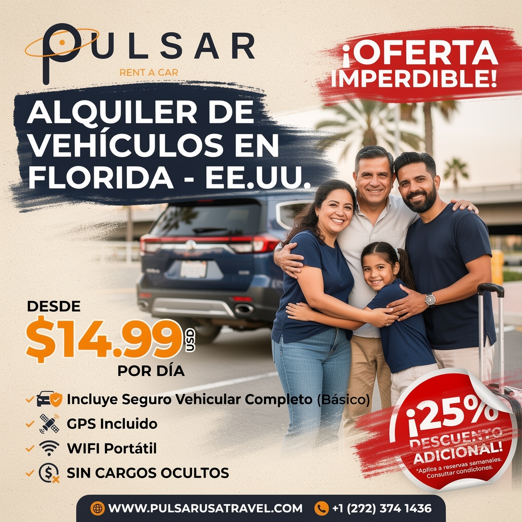 Pulsar Travels USA Facebook ad: Renta Vehicular