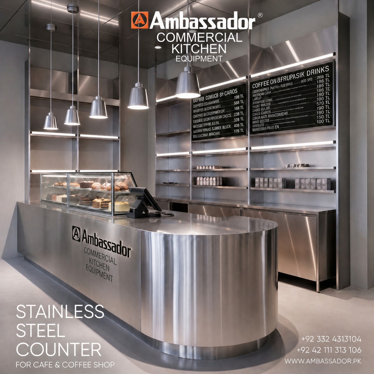 Ambassador commercial Kitchen Equipment Facebook ad: Turn your coffee shop into a premium experience.