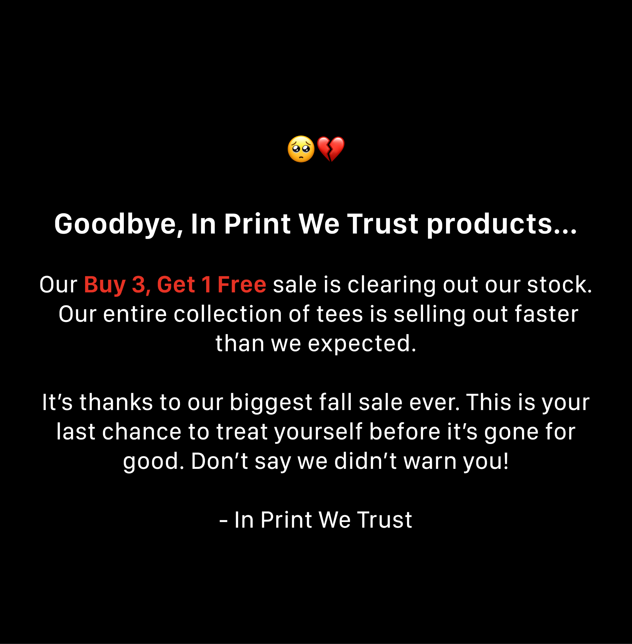 In Print We Trust Facebook ad: Just Restocked After 4 Months
