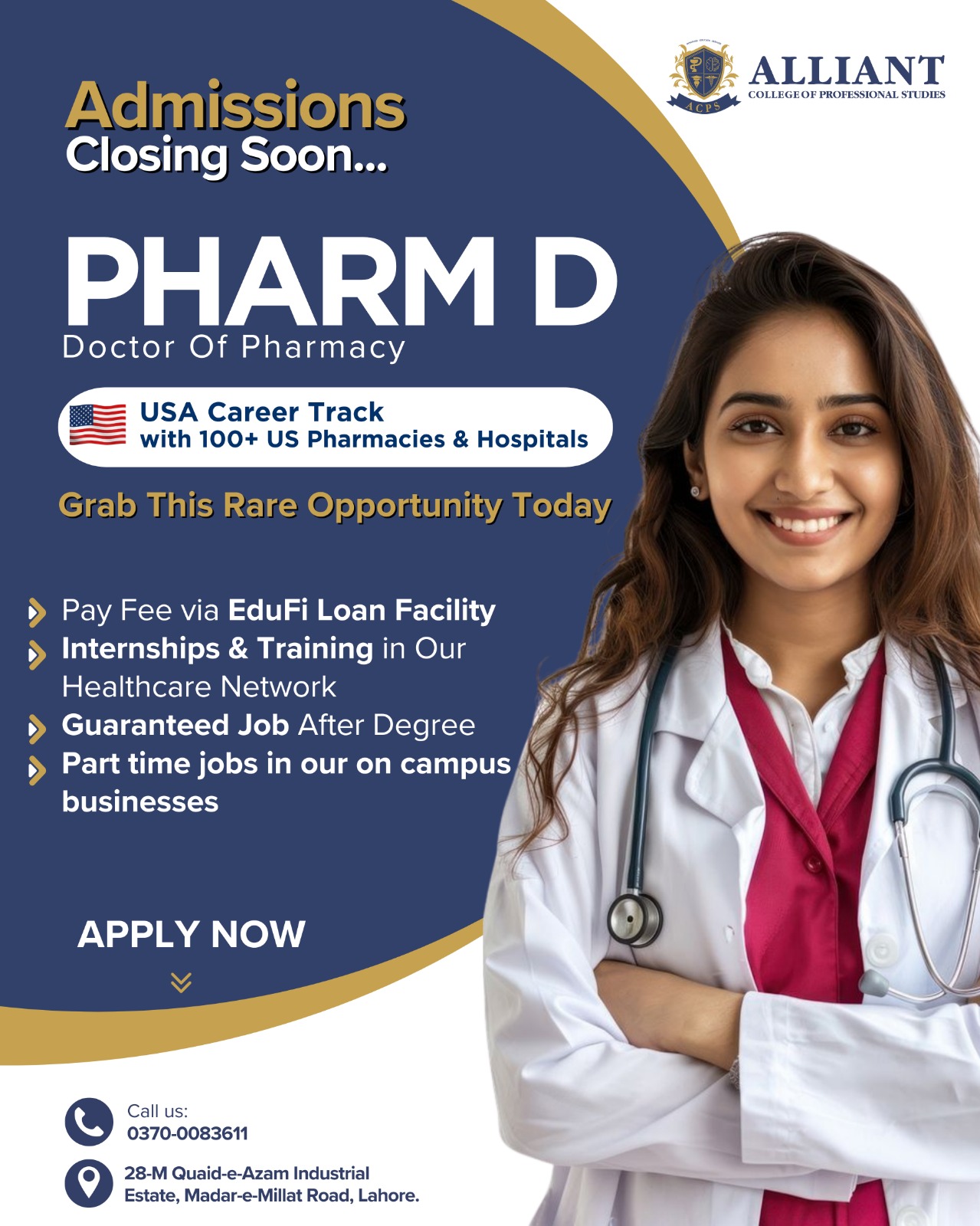 Alliant College of Professional Studies Facebook ad: Admissions Closing Soon for Pharm D!