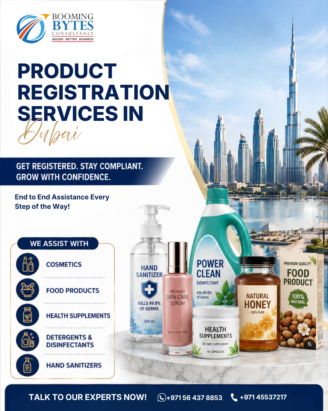 Booming Bytes Consultancy Facebook ad: Product Registration Services in Dubai