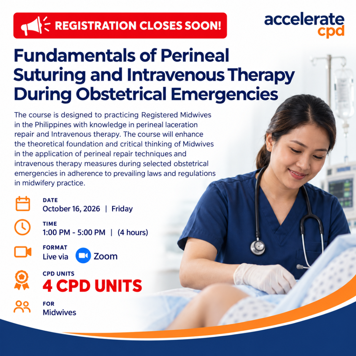 Accelerate CPD Facebook ad: CPD Webinar for Midwives. Limited Slots!