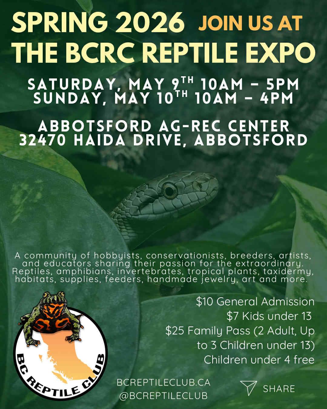 BC Reptile Club (BCRC) Facebook ad: Mark your calendars for May 9th and 10th…