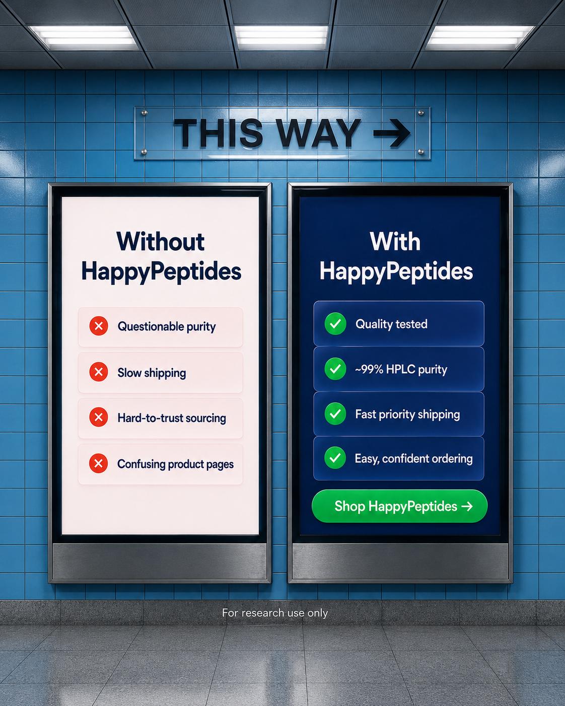 Happy Peptides by Mindful Research Facebook ad: Trust Your Source