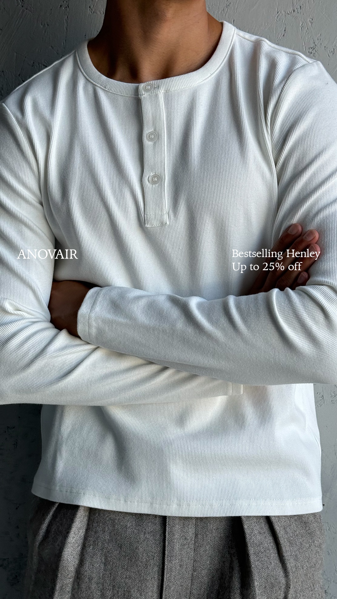 Anovair Facebook ad: Bestselling Henley Shirts, Buy 3 & Save 25%