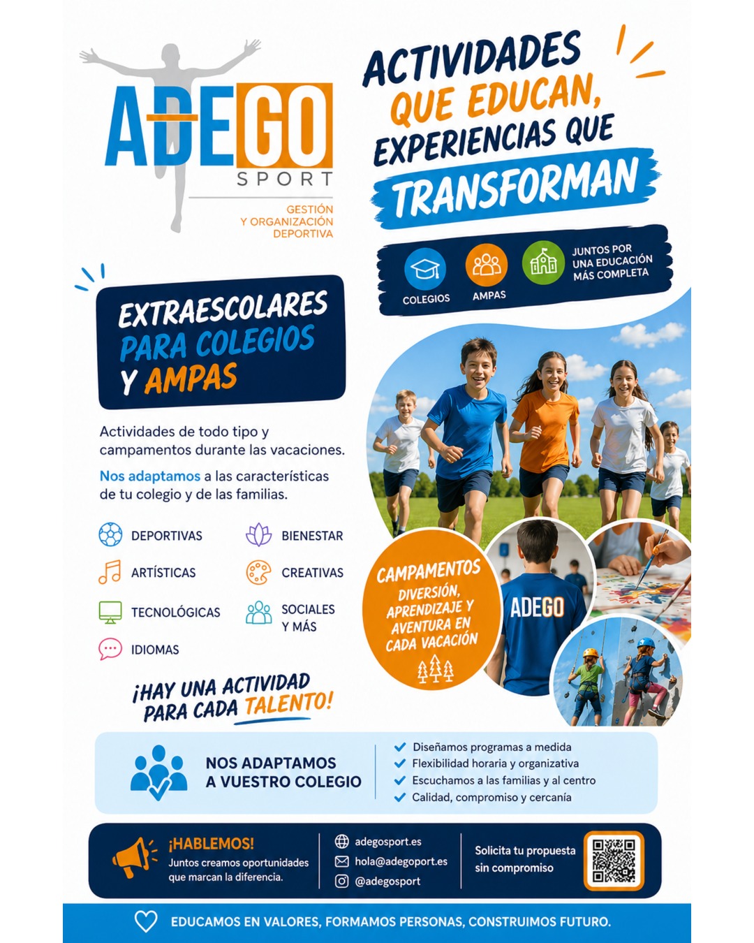 AdegoSport Extraescolares Facebook ad: ACTIVIDADES QUE EDUCAN, EXPERIENCIAS QUE TRANSFORMAN