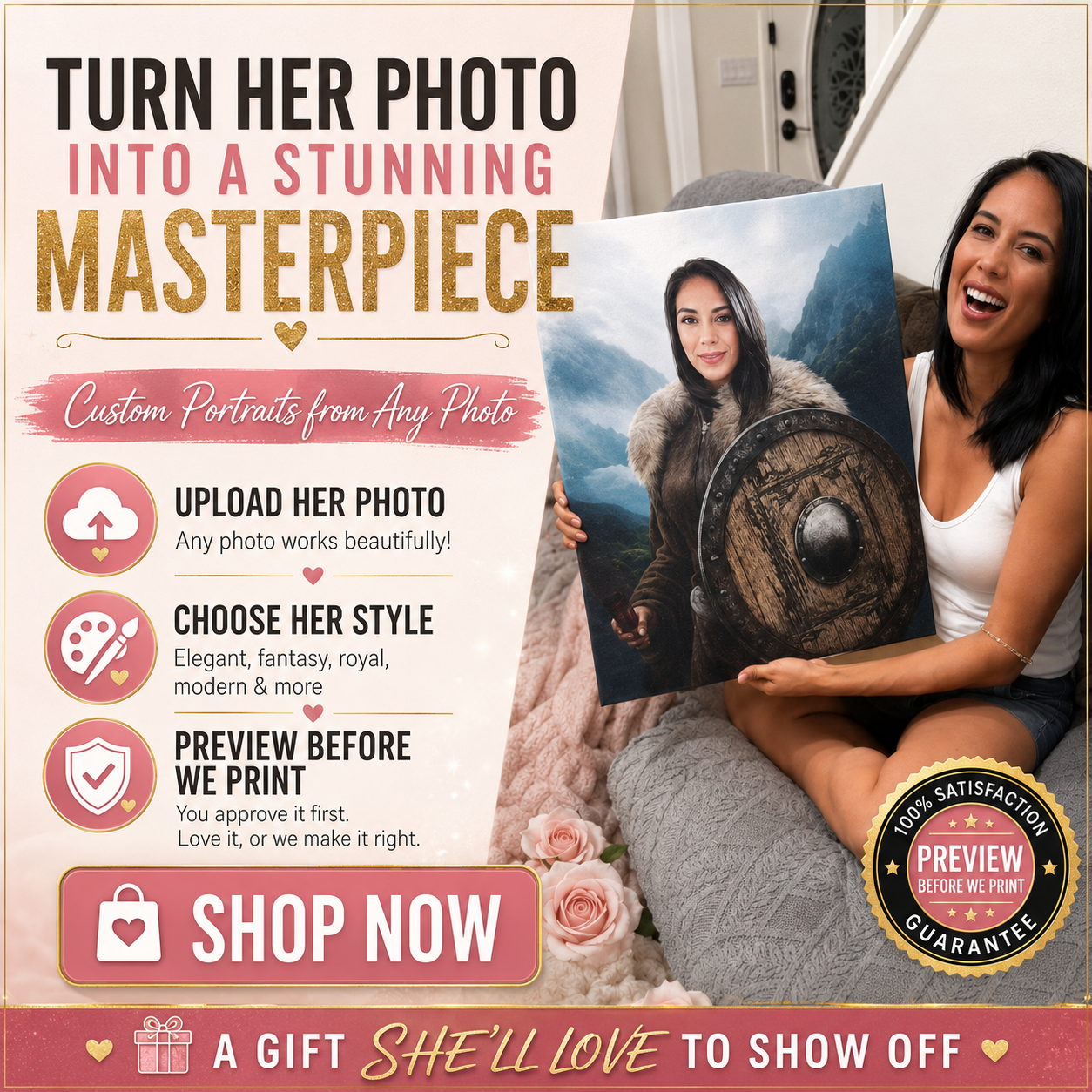 Magic Portraits Facebook ad: Perfect Gift! Turn Her photo into an unforgettable…