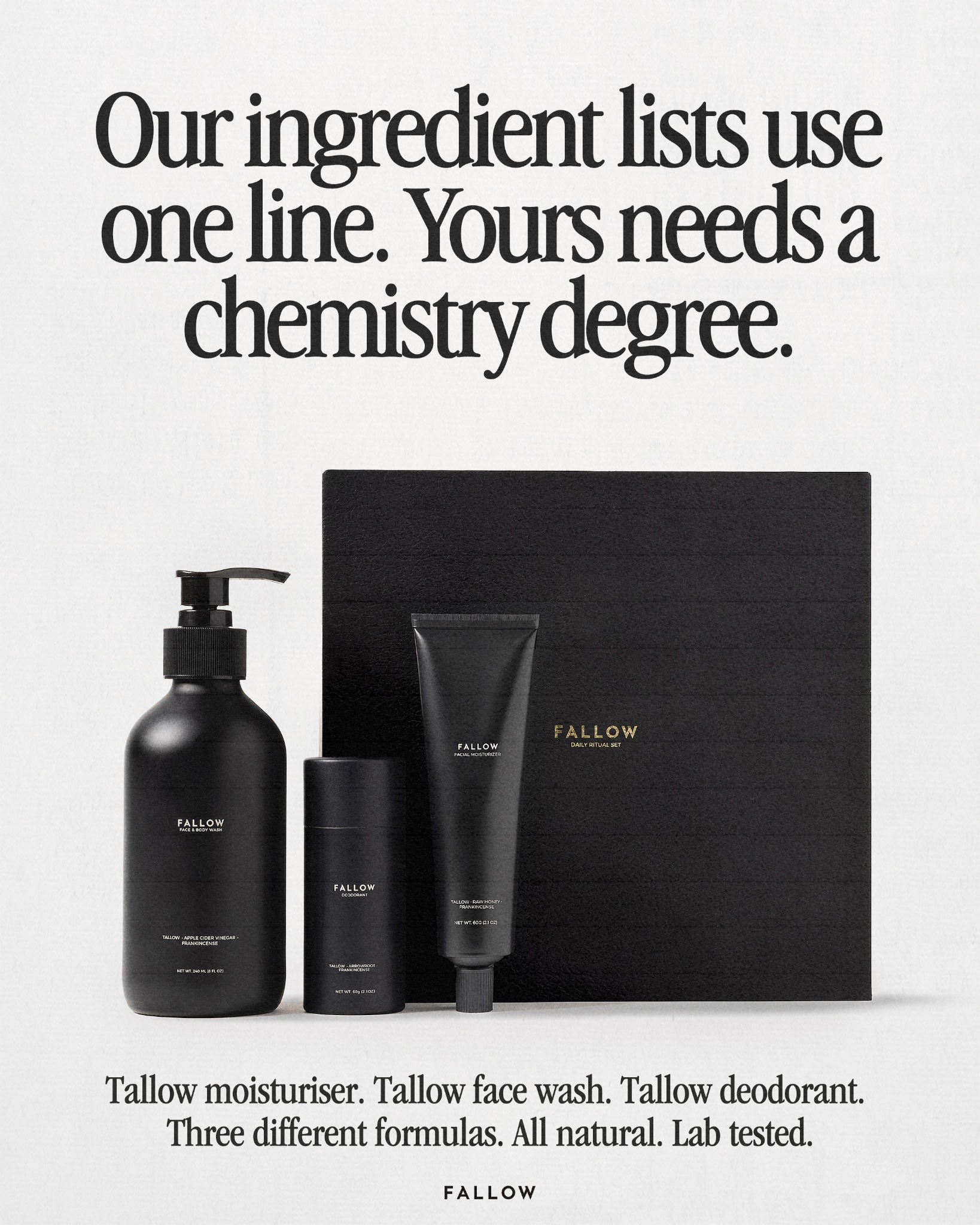 Fallow Skin Facebook ad: You can't pronounce what's in your moisturizer