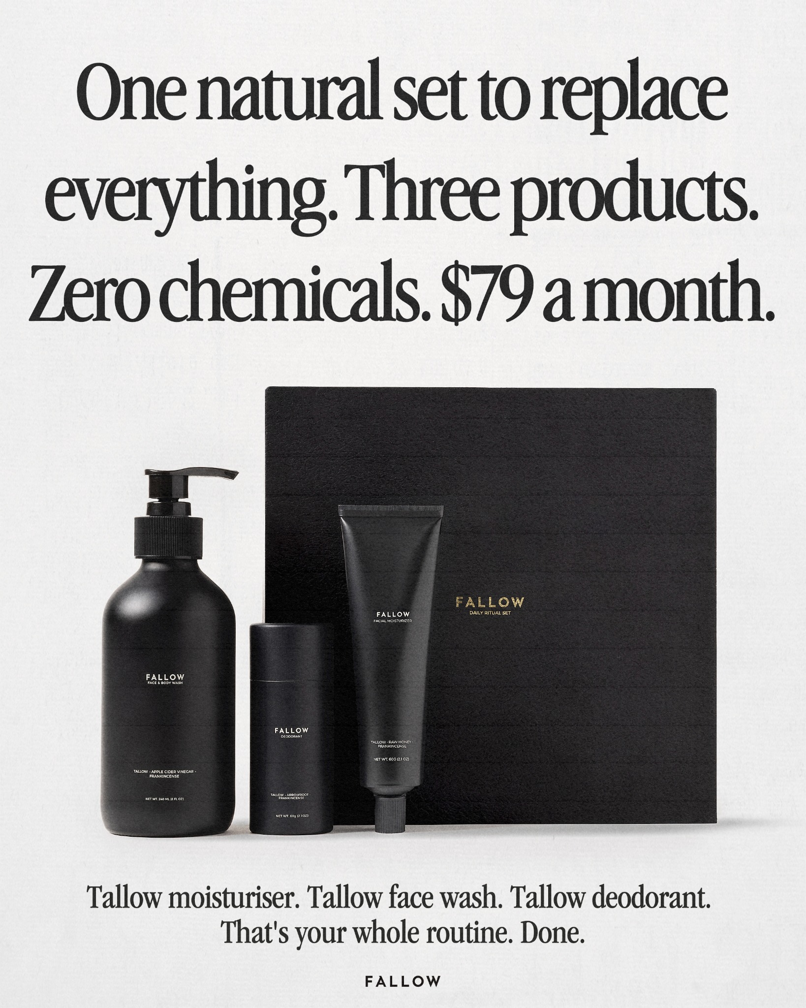 Fallow Skin Facebook ad: One set replaces everything
