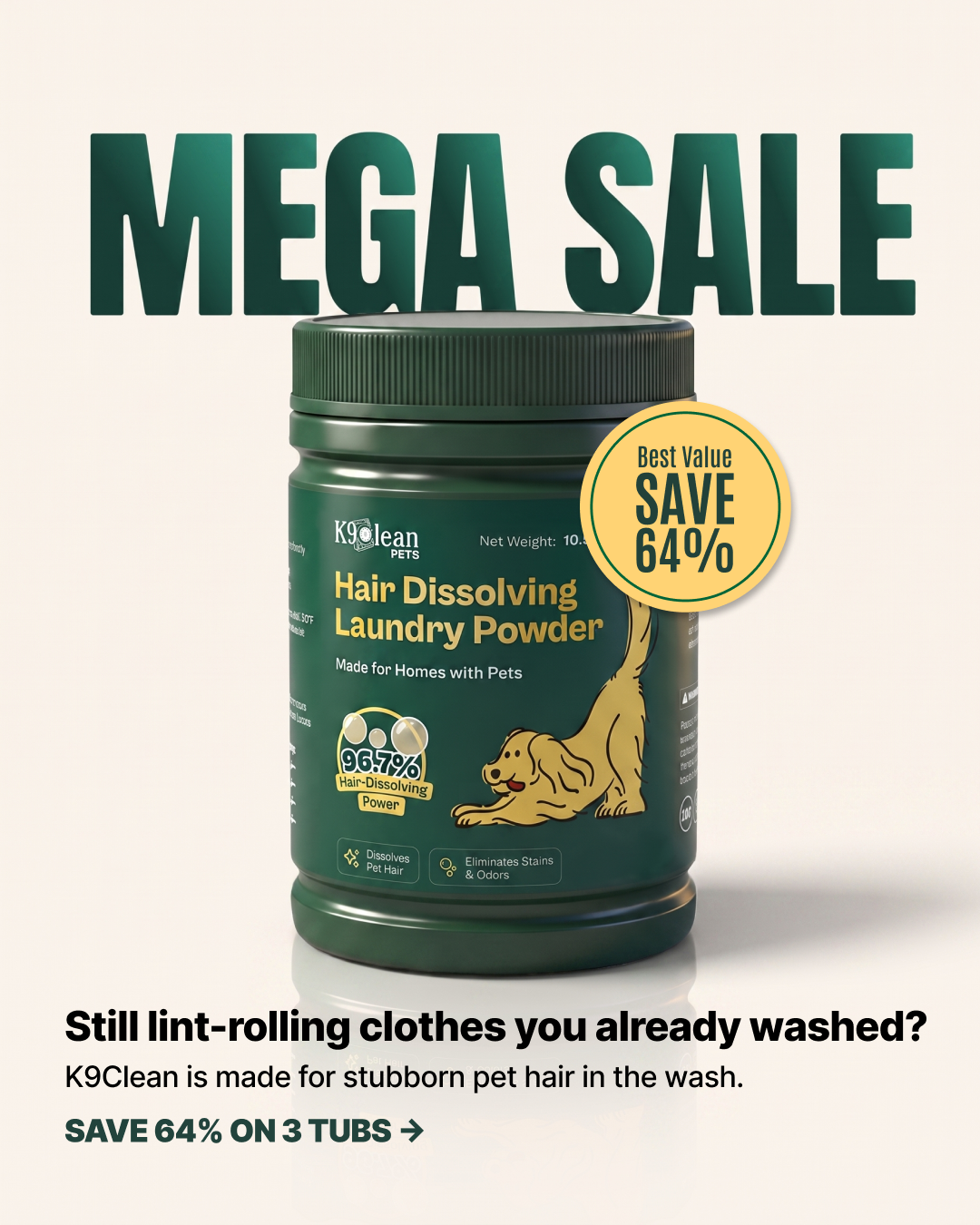 K9Clean Facebook ad: Pet Hair in Laundry? Solve It with K9Clean