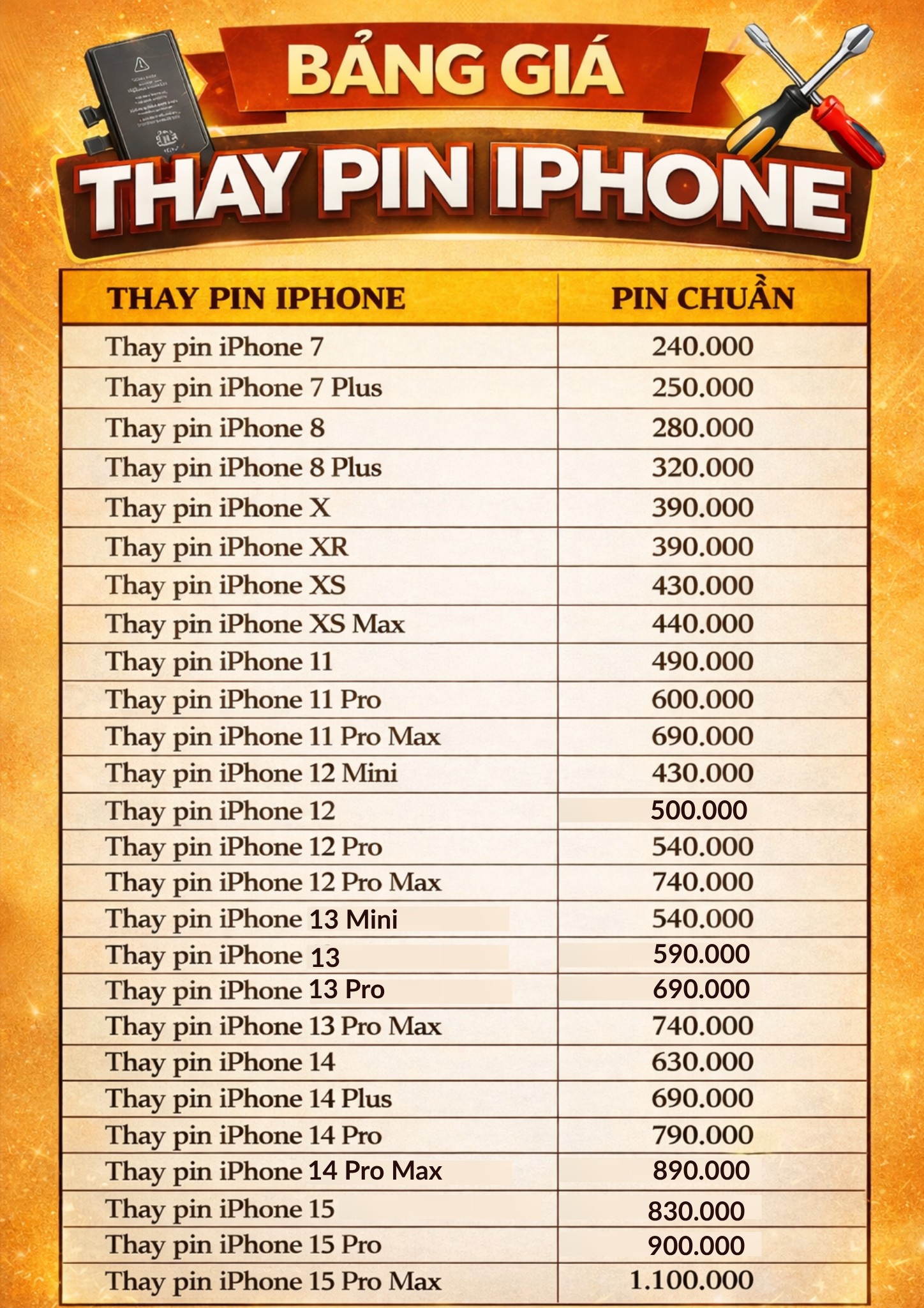 SangApple.com Facebook ad: CẬP NHẬT BẢNG GIÁ THAY PIN ĐẦU TUẦN