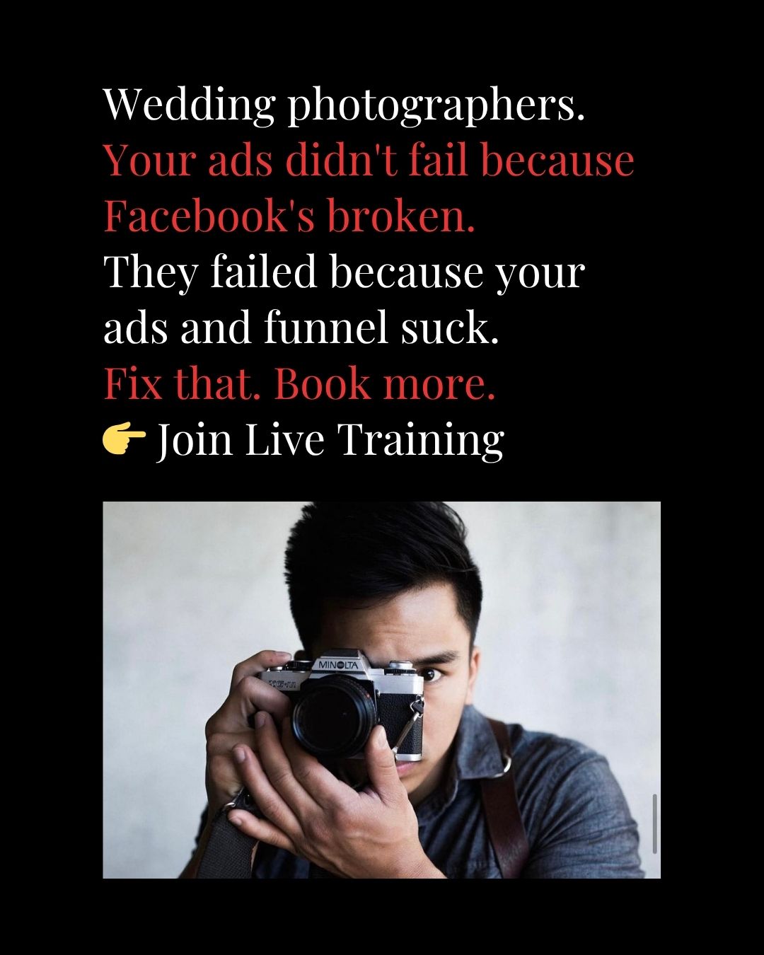 Wedding Business Mastermind Facebook ad: LIVE: Ads To Bookings