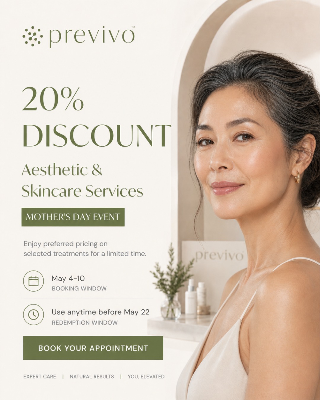 Previvo Facebook ad: Mother's Day, 20% Off Aesthetic Medicine