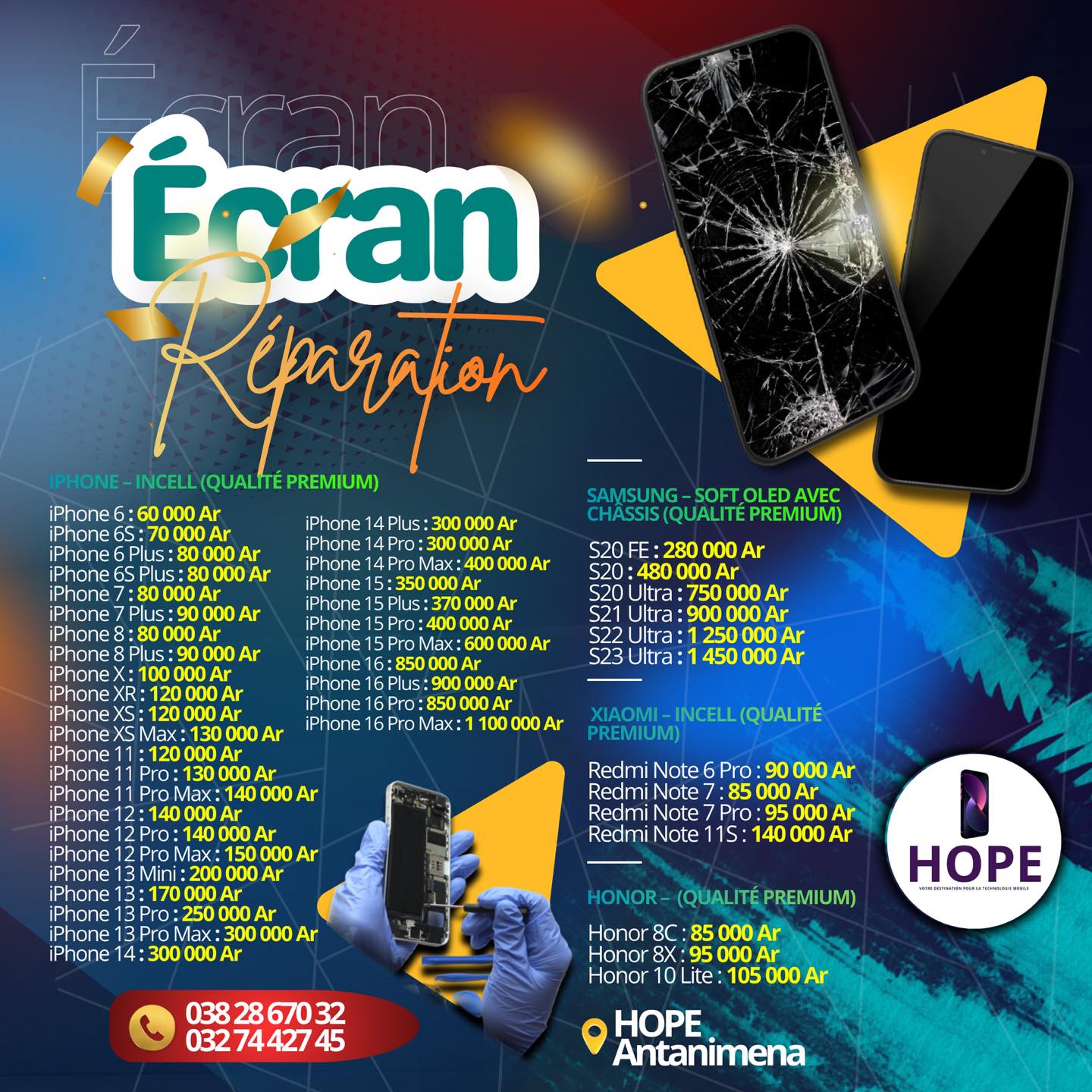 HOPE Facebook ad: ÉCRAN CASSÉ? RÉPARATION PREMIUM CHEZ HOPE