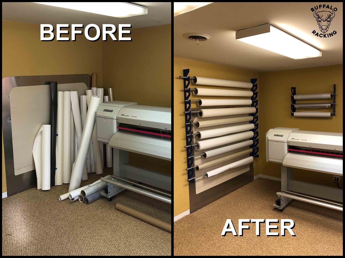 Buffalo Racking Facebook ad: Streamline your workshop with our vinyl wrap storage system!
