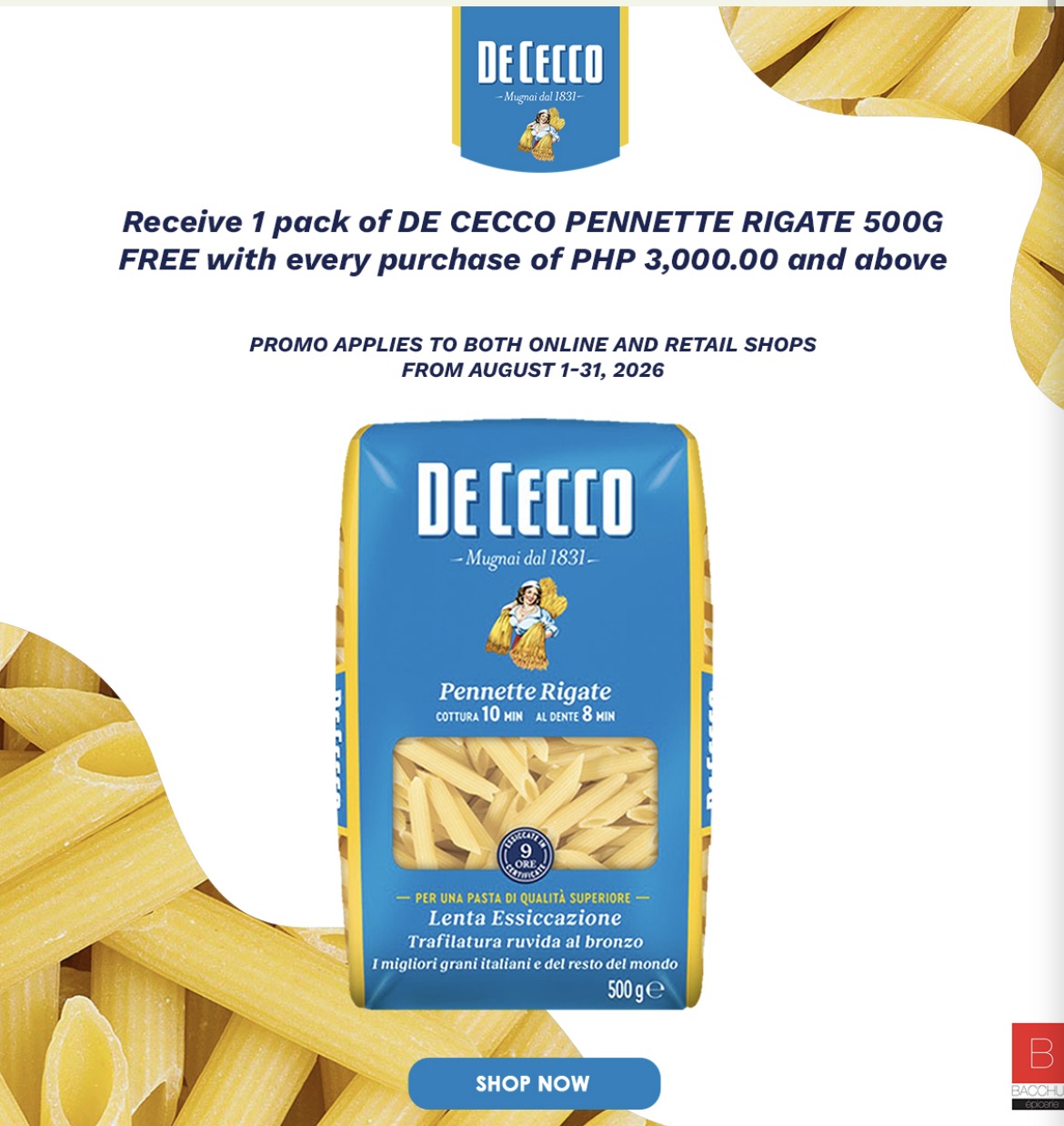 Bacchus Epicerie Facebook ad: FREE pack of De Cecco Pennette Rigate 500g,