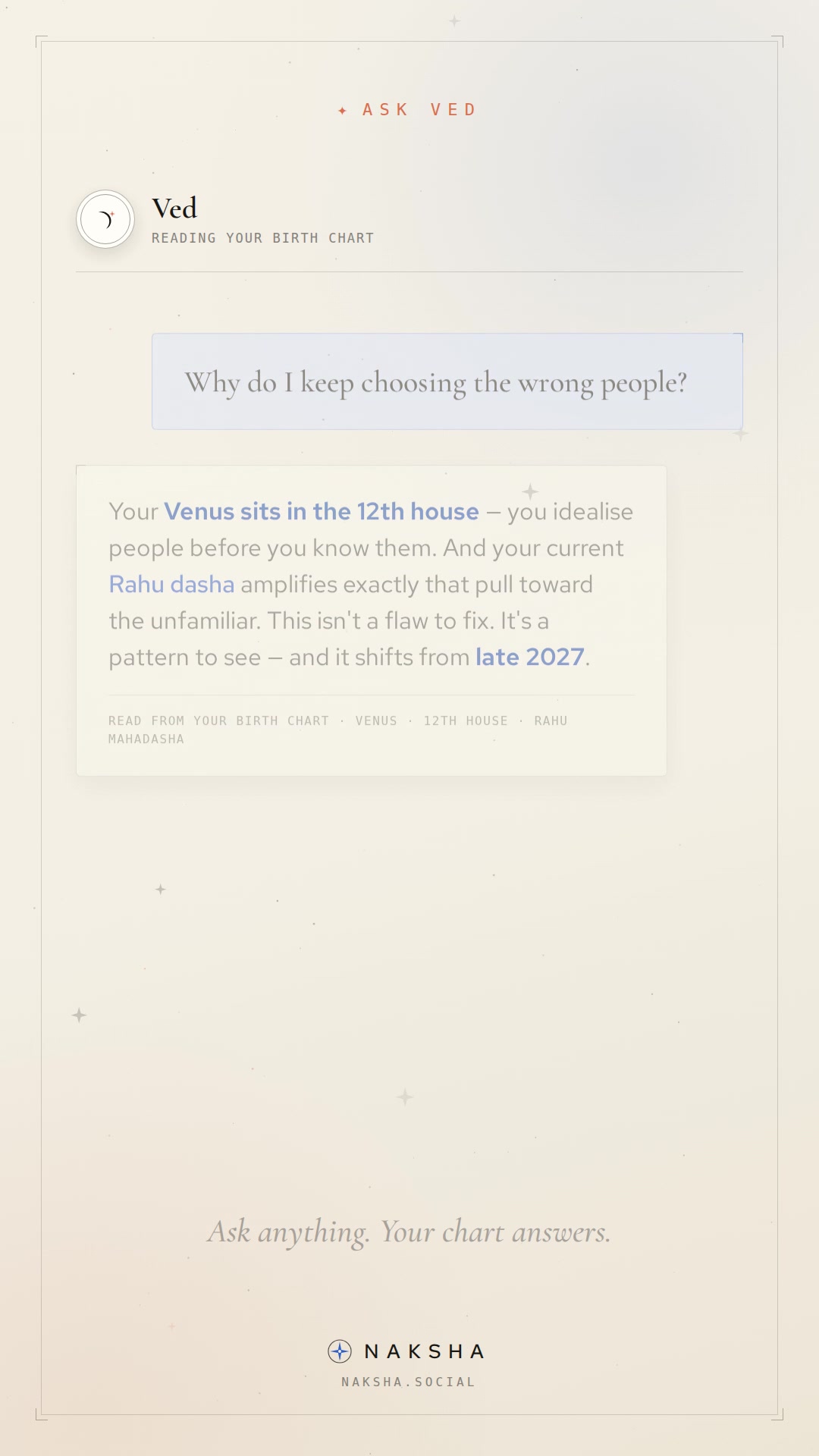 Naksha Facebook ad: Your vedic birth chart, decoded in minutes.