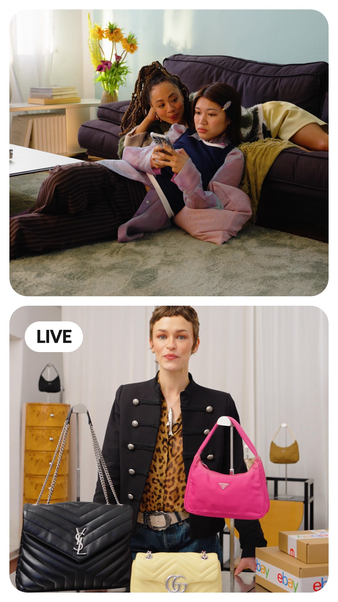 eBay Live Deutschland Facebook ad: Besondere Fundstücke live entdecken.