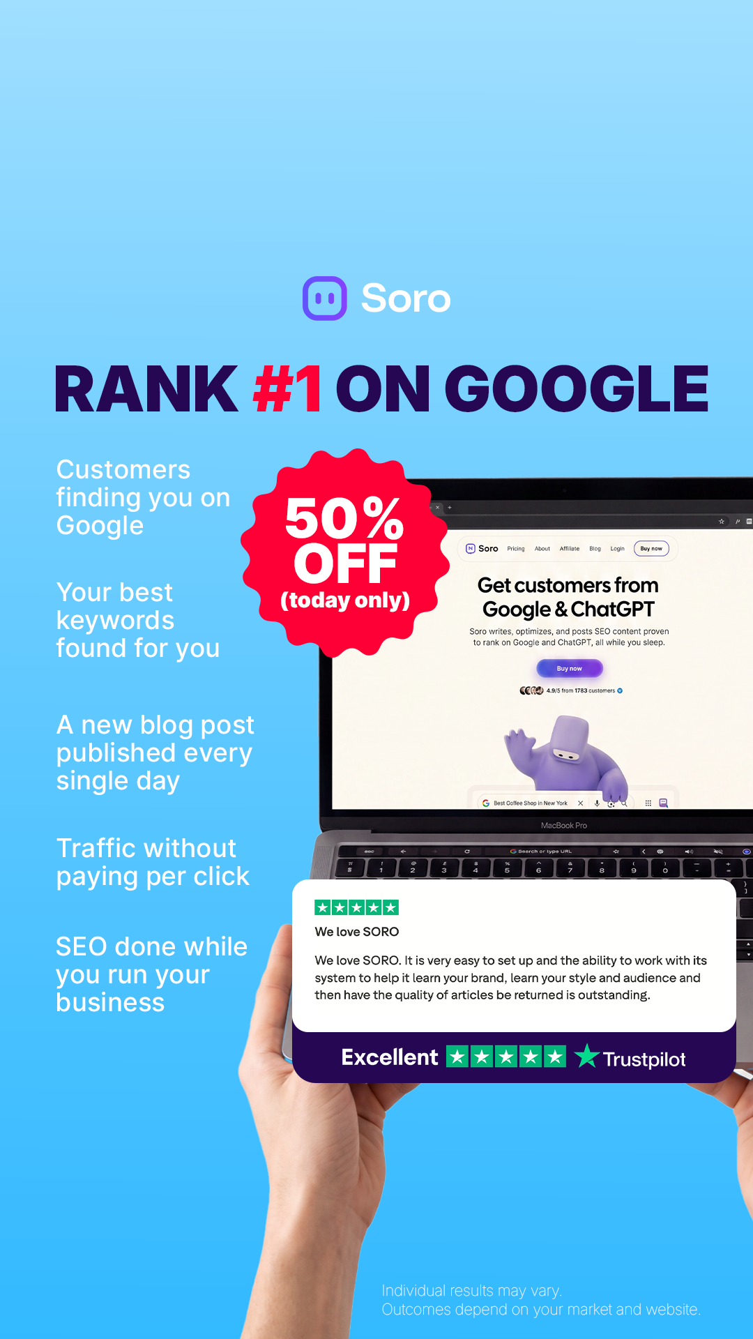 Soro SEO Facebook ad: Get buyers from Google