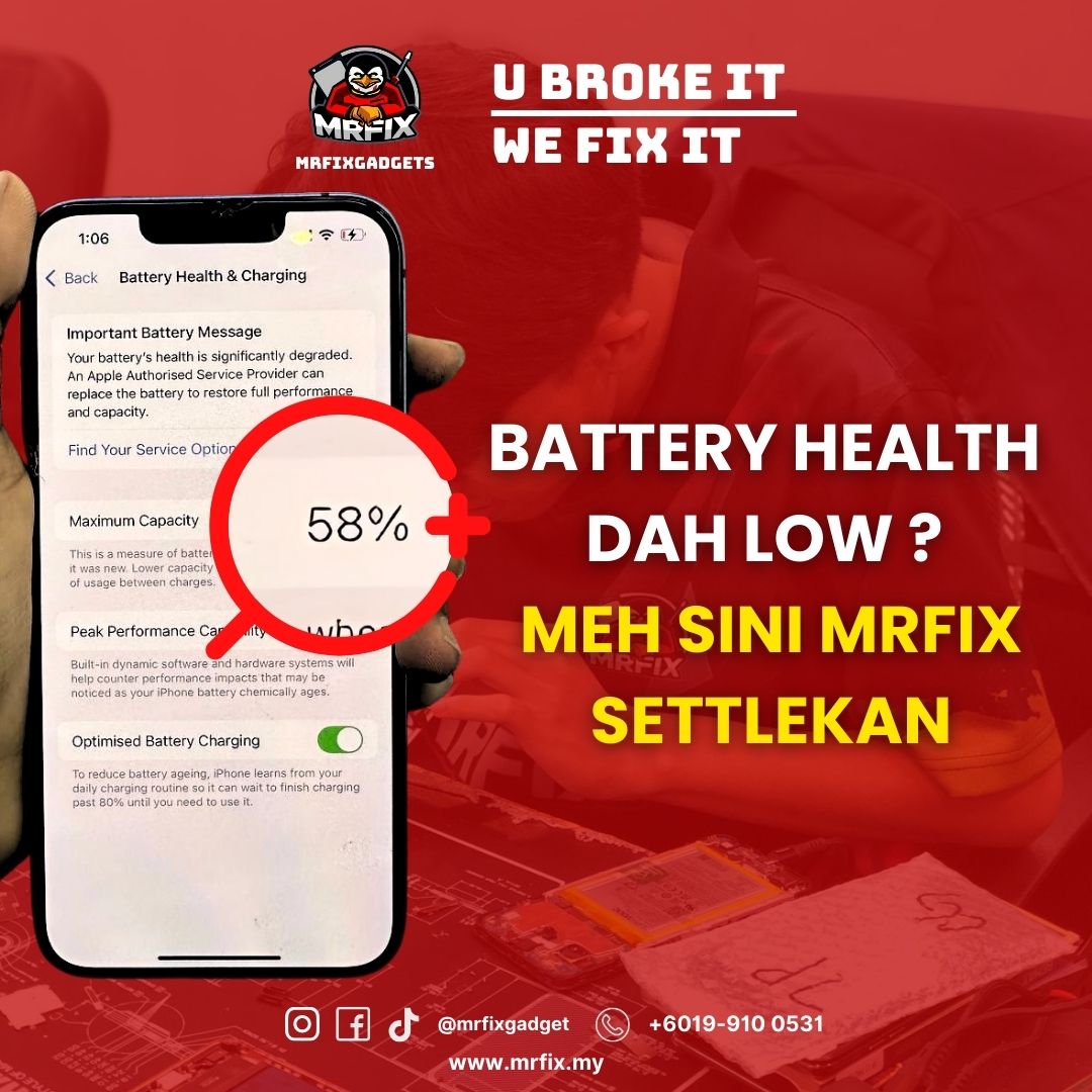 MRFIX Putrajaya - Smartphone & Macbook Repair Specialist Facebook ad: 𝐁𝐀𝐓𝐓𝐄𝐑𝐘 𝐇𝐄𝐀𝐋𝐓𝐇 𝐃𝐀𝐇 𝐋𝐎𝐖?