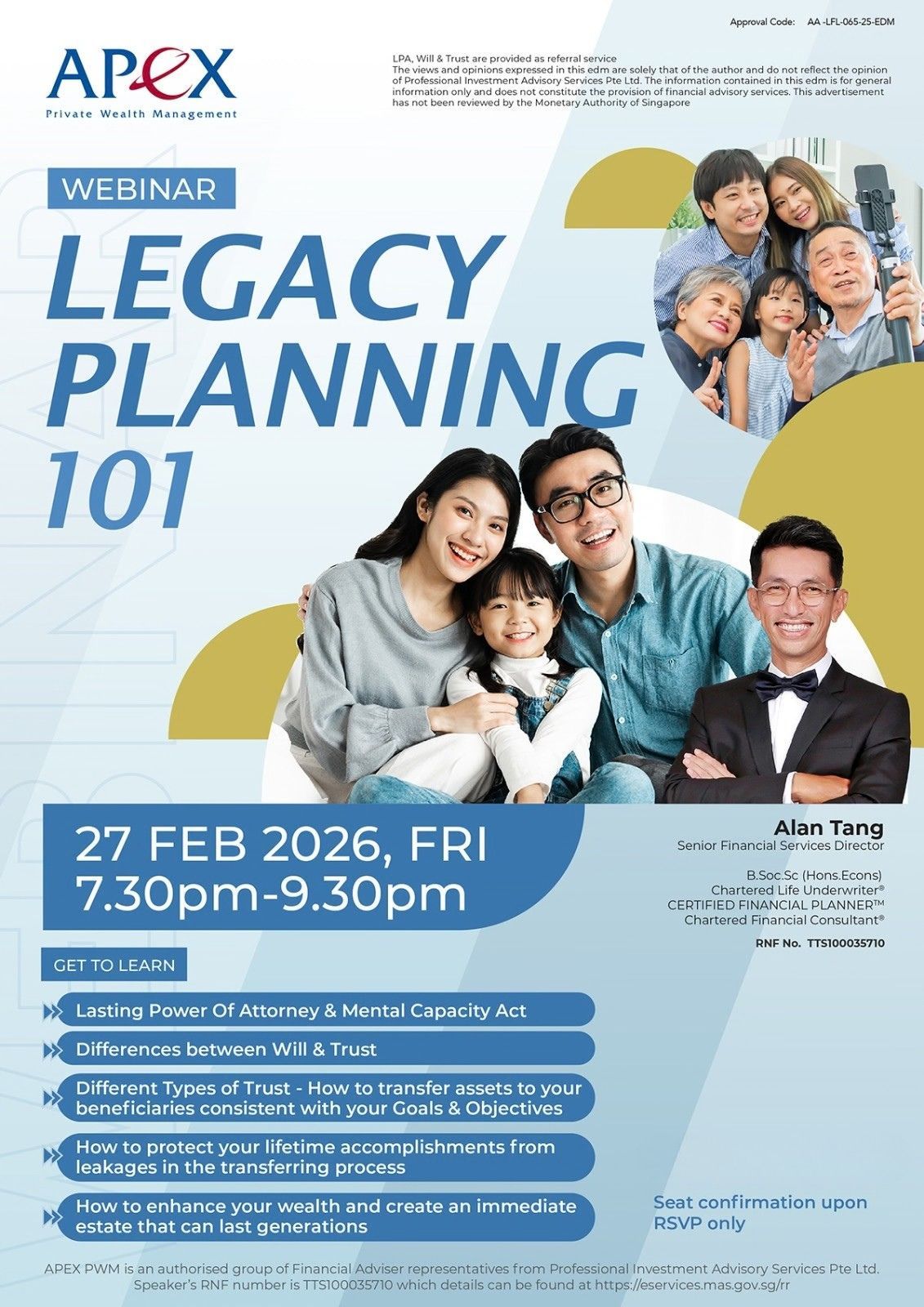 Apex Private Wealth Management Facebook ad: Register Now for our popular Legacy Planning 101 Webinar…