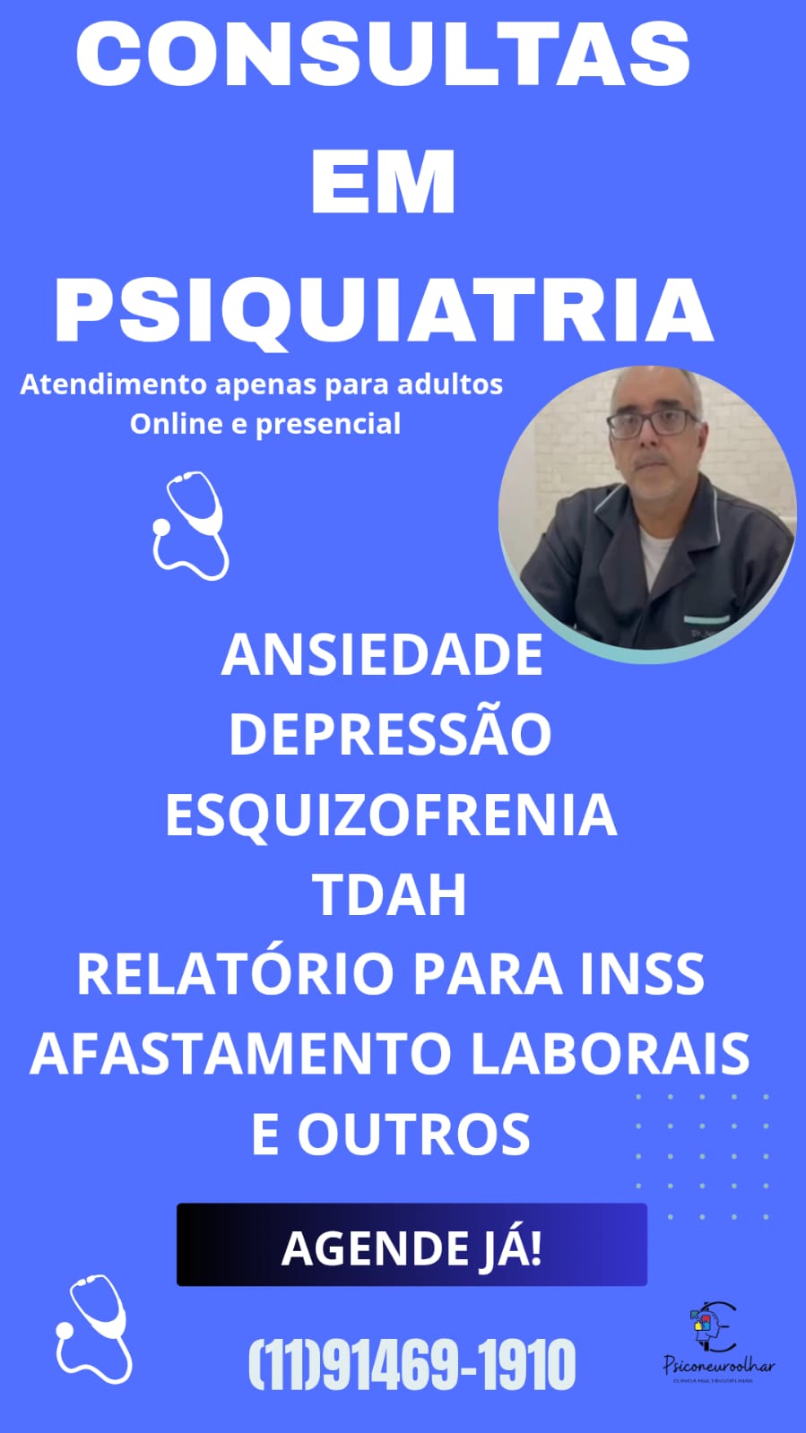 Neuropsicopedagogia Facebook ad: Psiquiatra online e presencial para adultos.