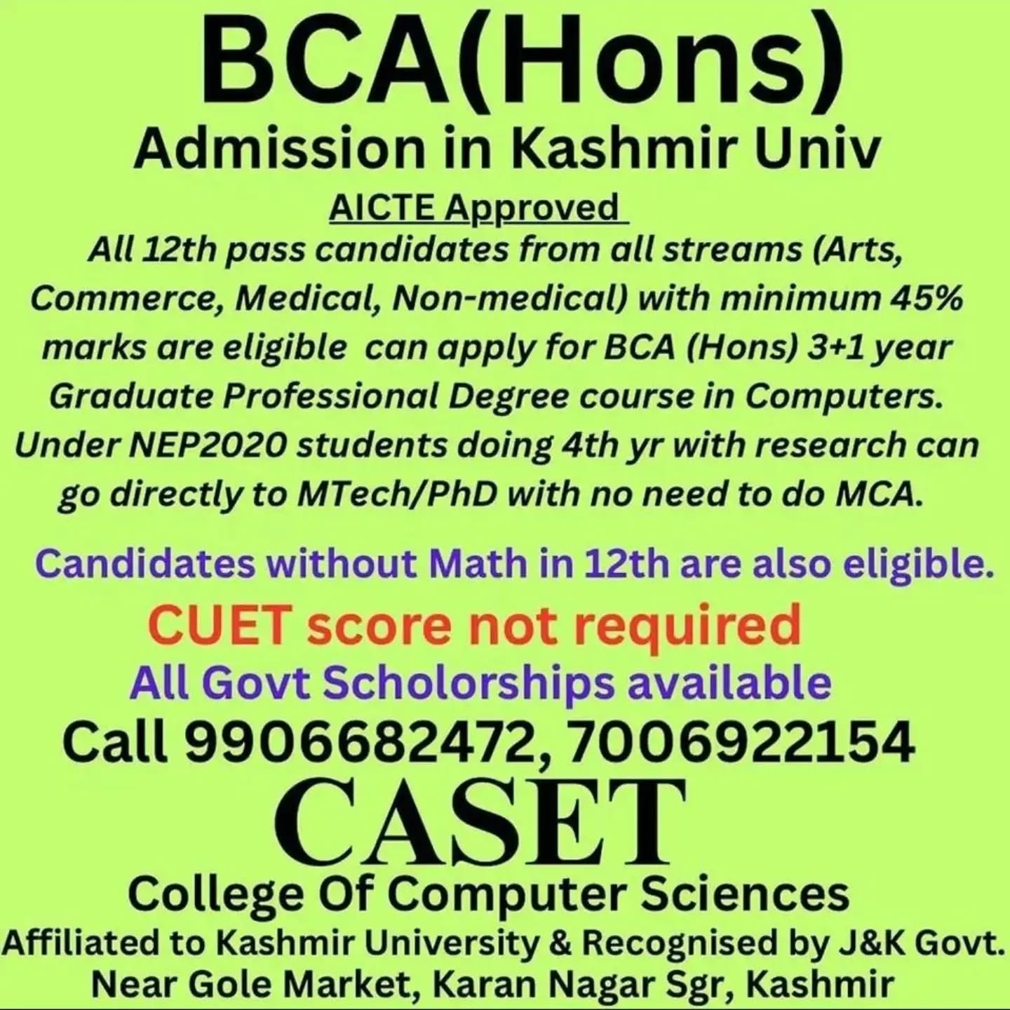 CASET College of Computer Sc. Near Gole Market, Karan Nagar, Srinagar. Facebook ad from Jun 6, 2026