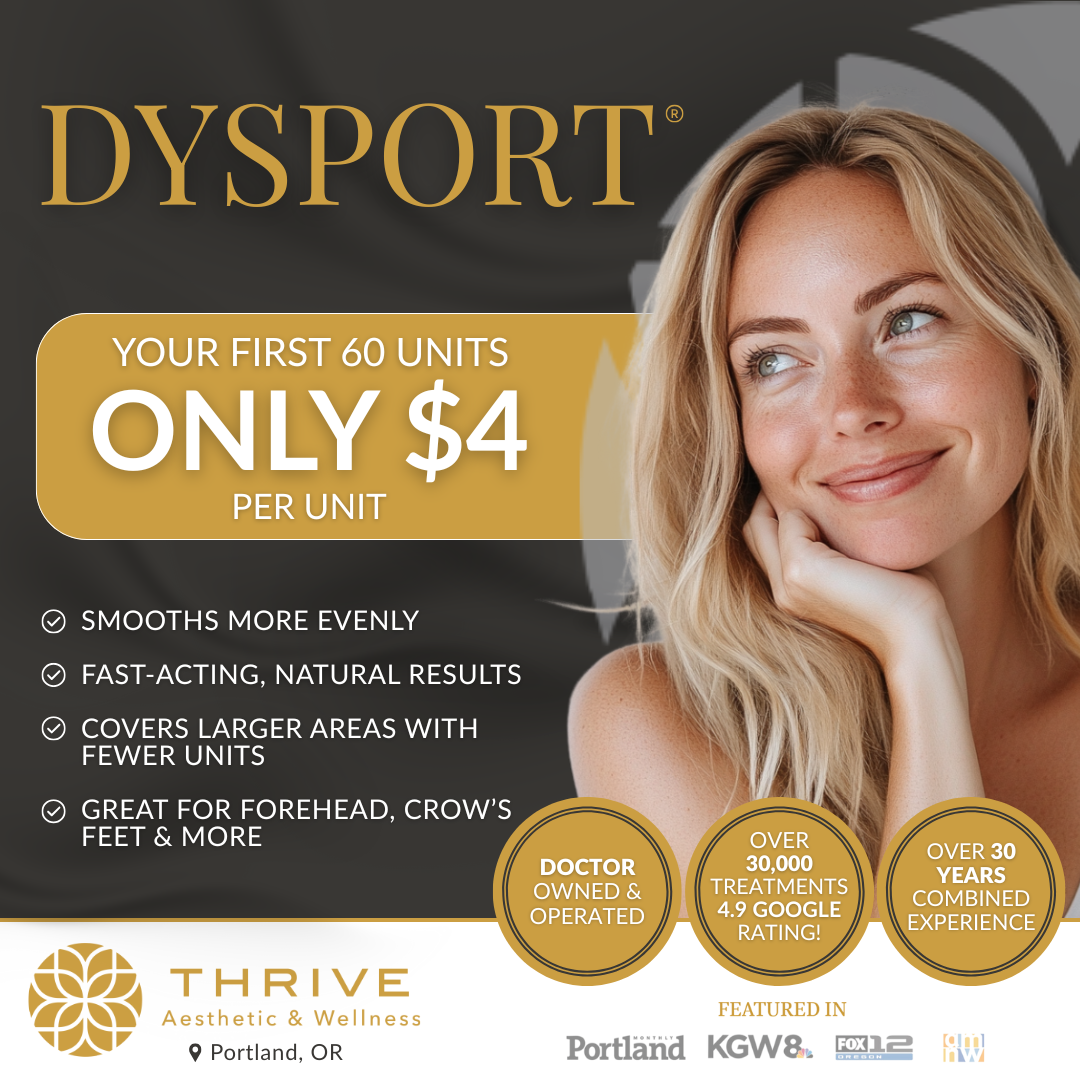 Thrive Aesthetic & Wellness Facebook ad: Get Your First 60 units of Dysport for ONLY $4/Unit!